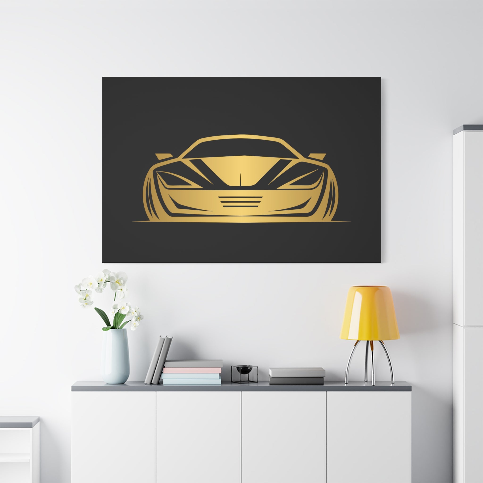 Golden Sports Car Canvas Print — Modern Automotive Wall Art