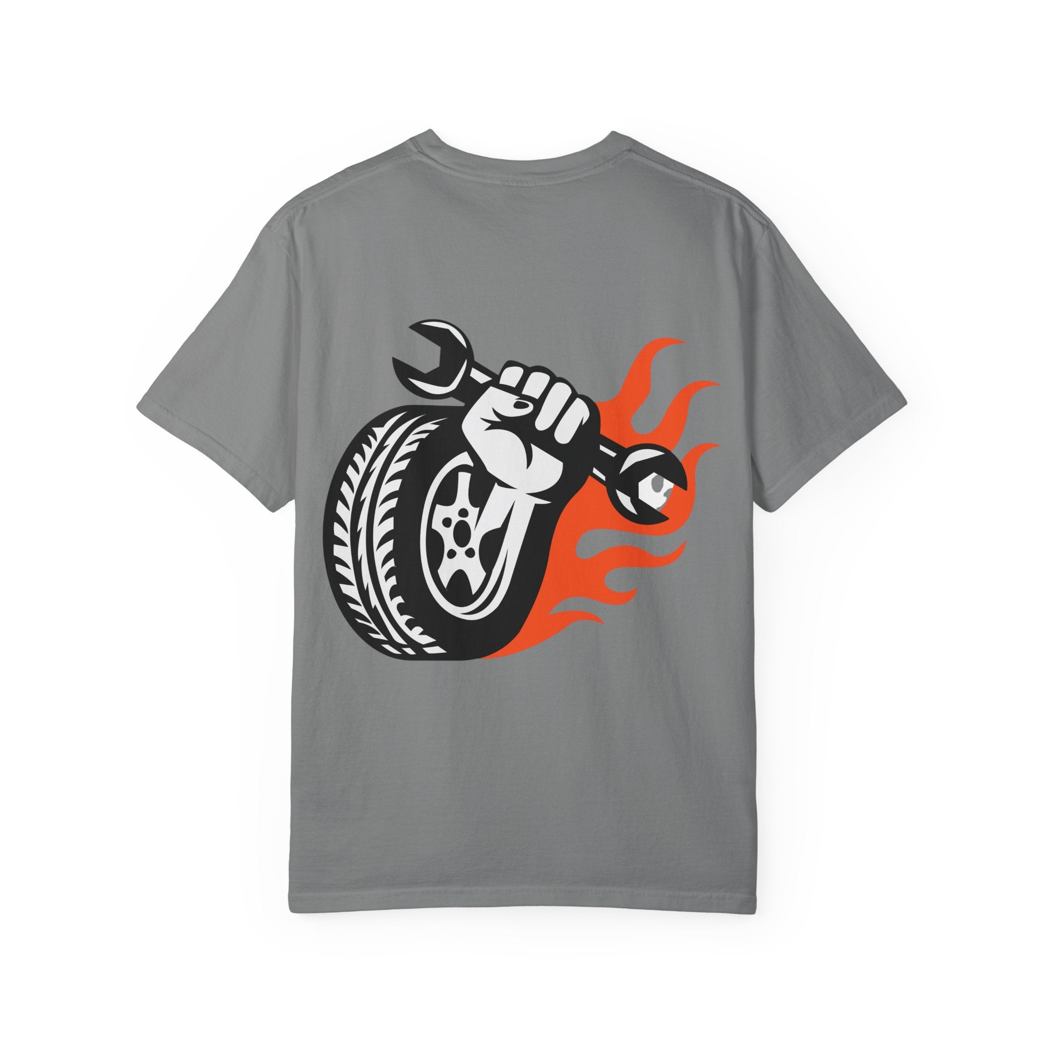 Mechanic Flame Tire T‑Shirt — Wrench & Wheel Auto Repair Tee