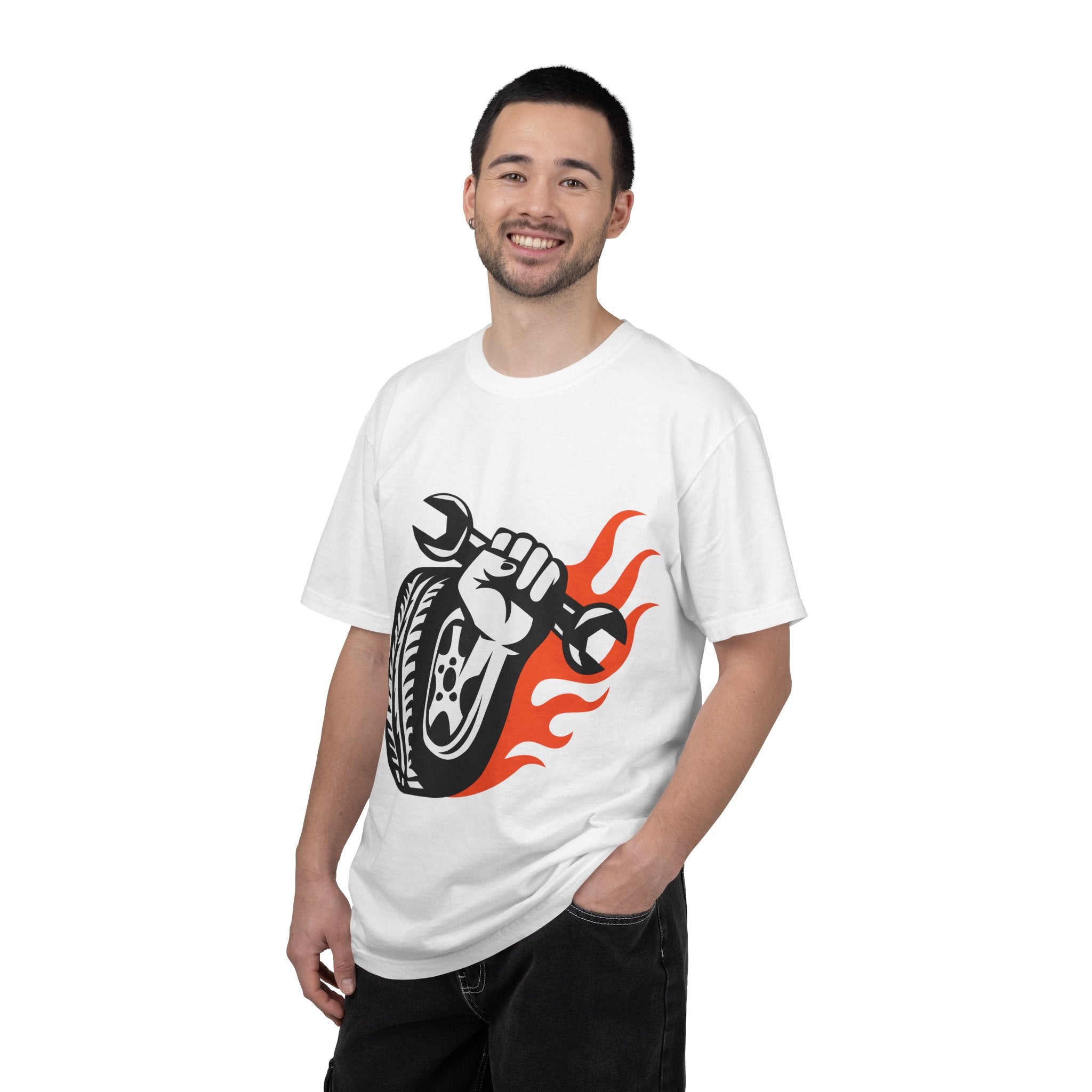 Mechanic Flame Tire T‑Shirt — Wrench & Wheel Auto Repair Tee