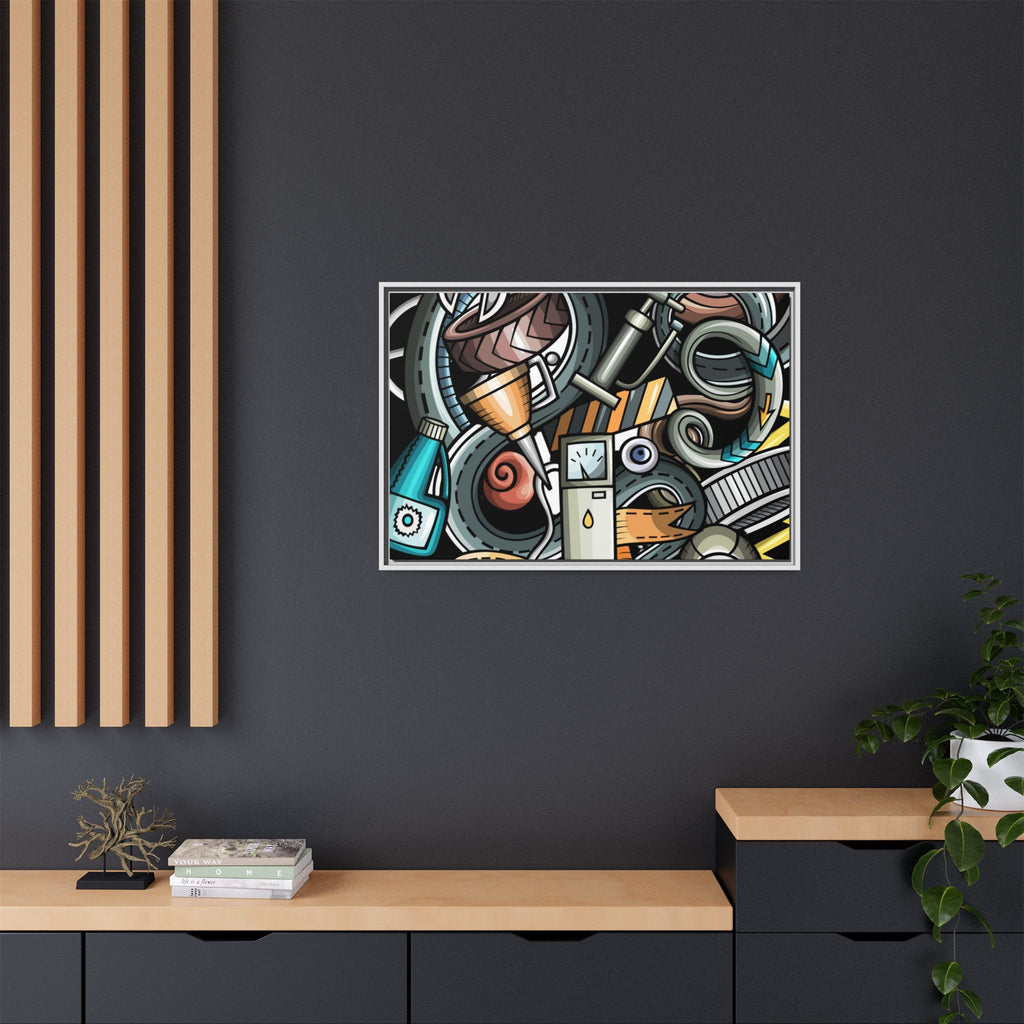 Framed Automotive Doodle Matte Canvas Print — Garage Wall Art