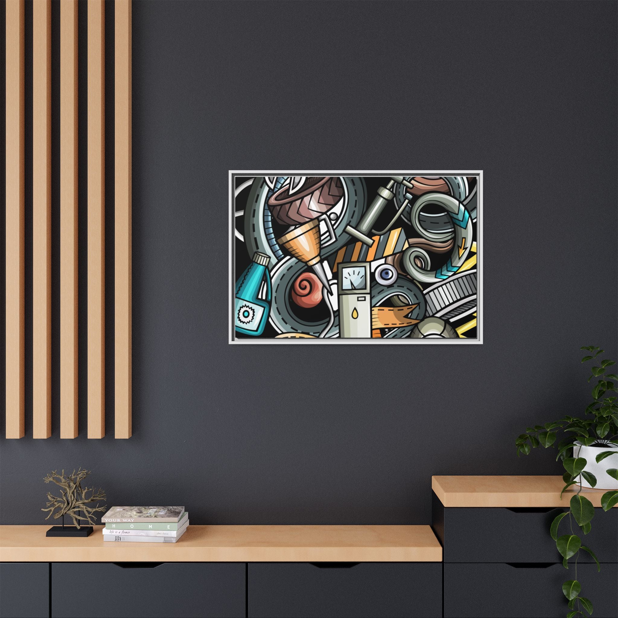 Framed Automotive Doodle Matte Canvas Print — Garage Wall Art