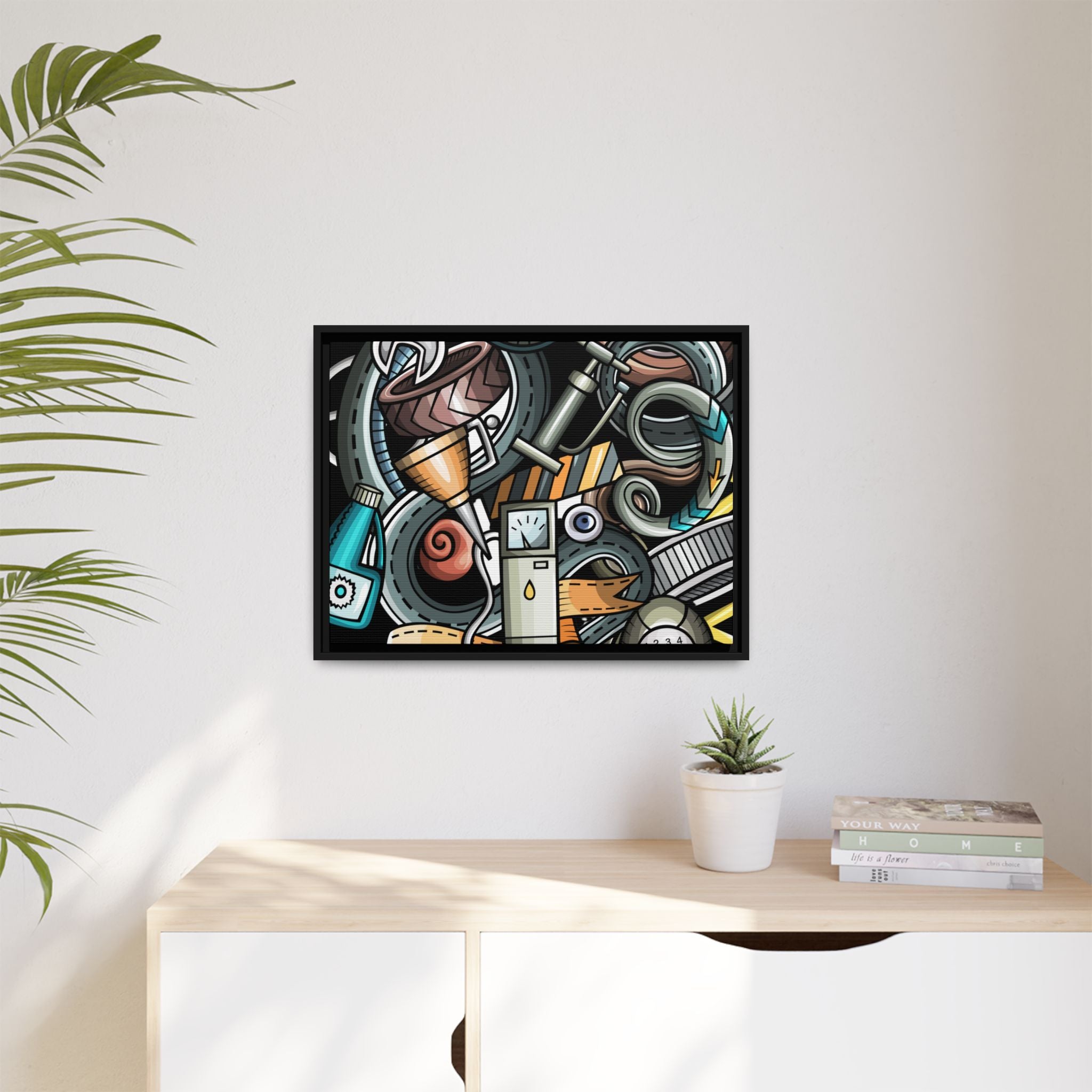 Framed Automotive Doodle Matte Canvas Print — Garage Wall Art