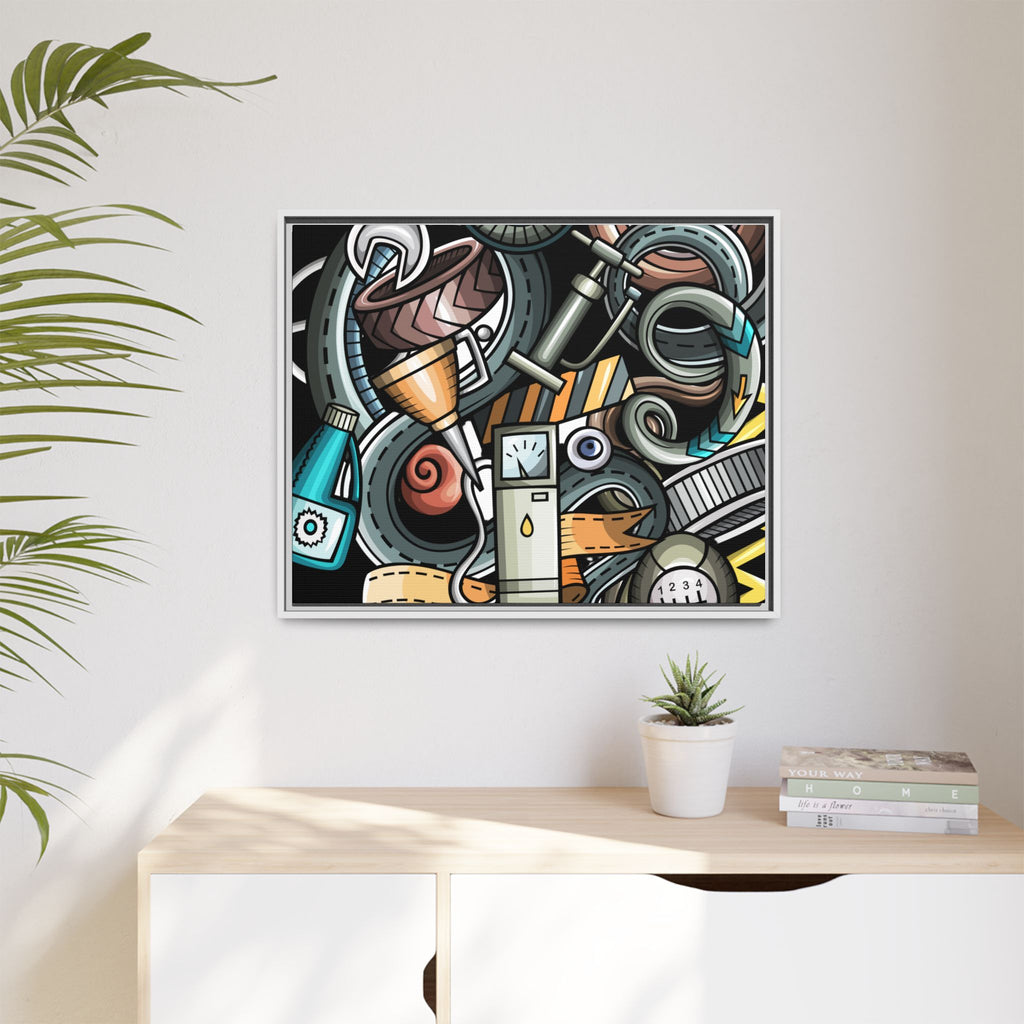 Framed Automotive Doodle Matte Canvas Print — Garage Wall Art