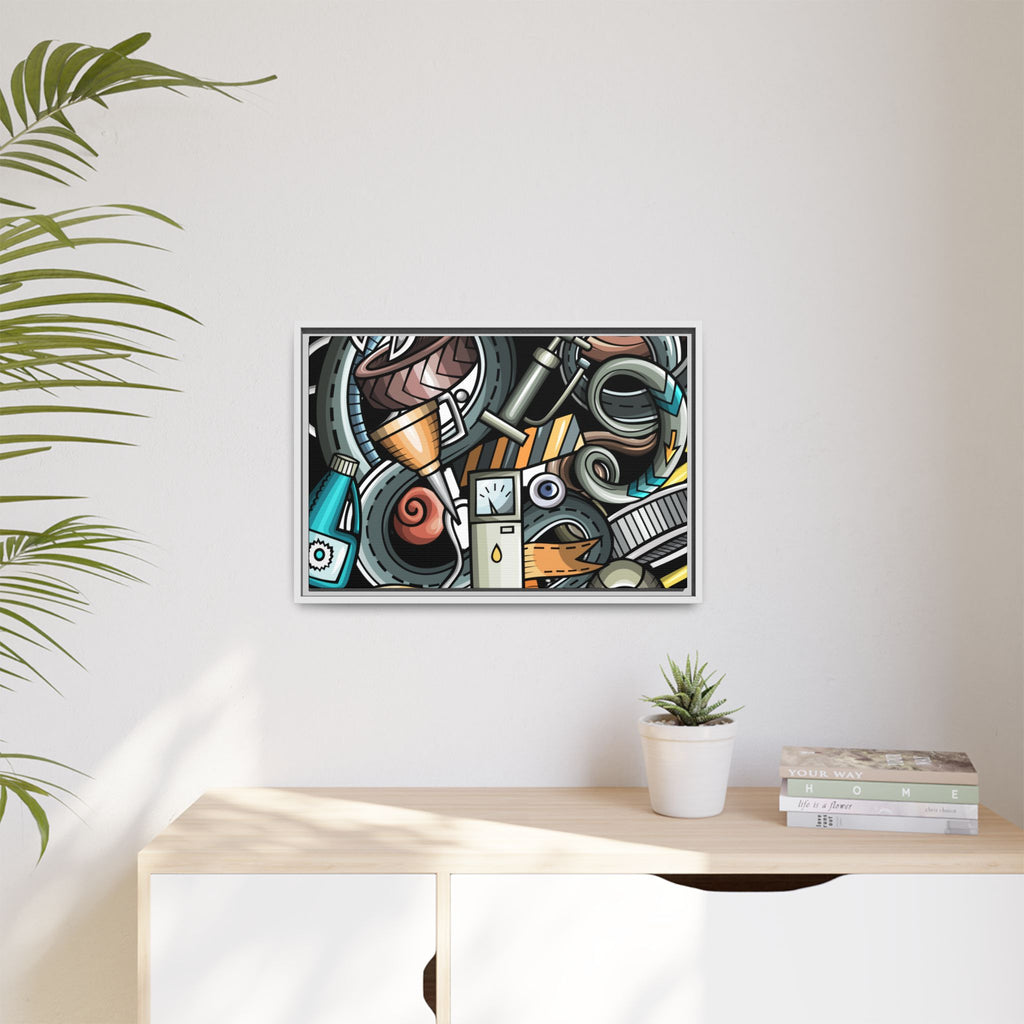 Framed Automotive Doodle Matte Canvas Print — Garage Wall Art