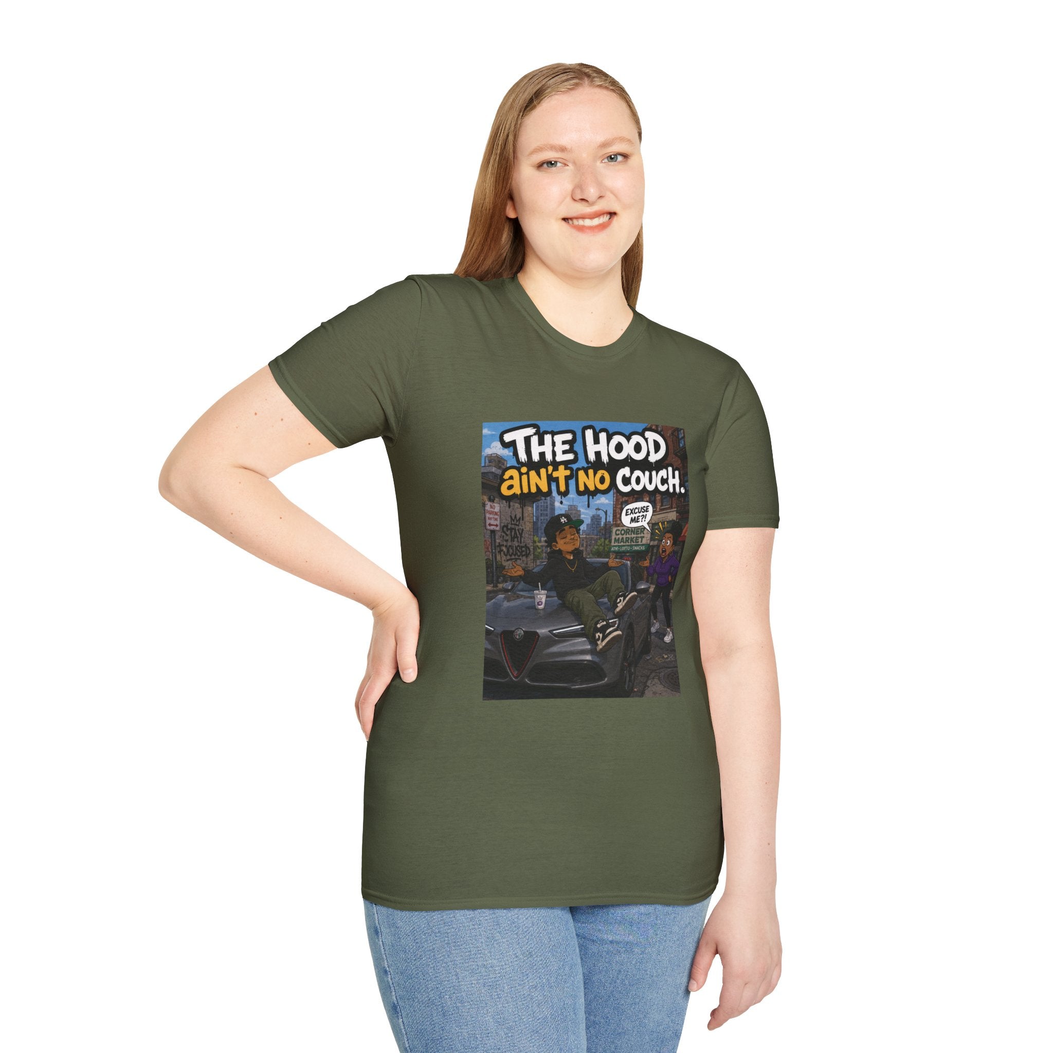 T-Shirt — "The Hood Ain’t No Couch" Urban Street Art Tee