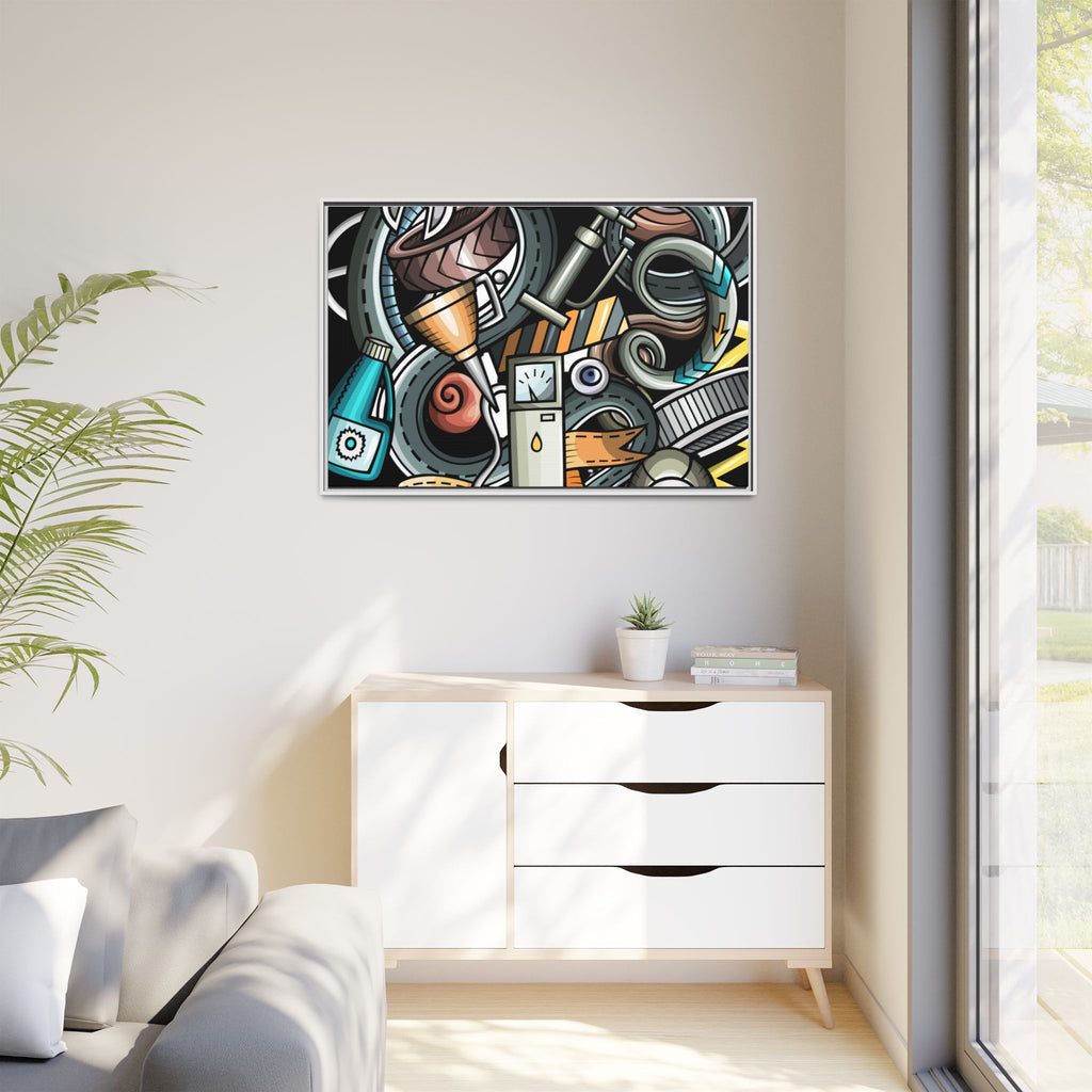 Framed Automotive Doodle Matte Canvas Print — Garage Wall Art