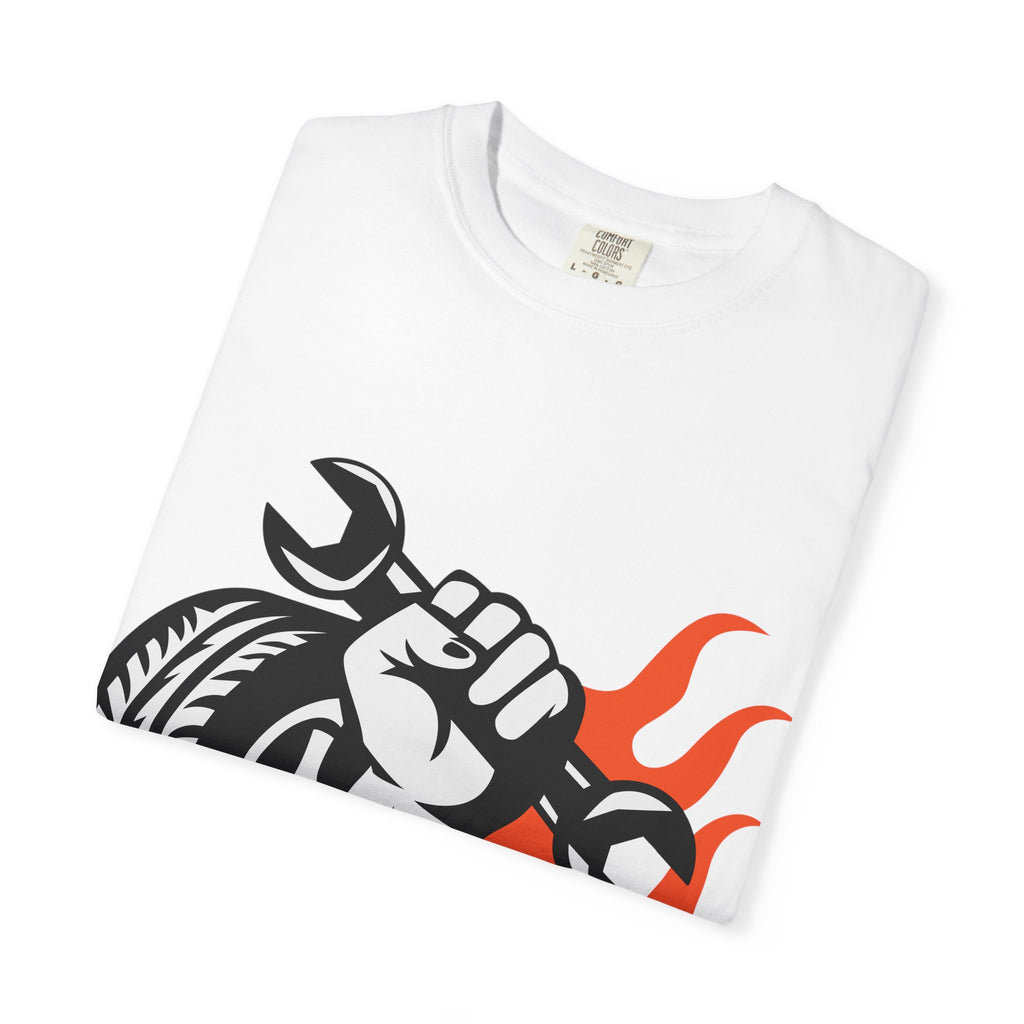 Mechanic Flame Tire T‑Shirt — Wrench & Wheel Auto Repair Tee