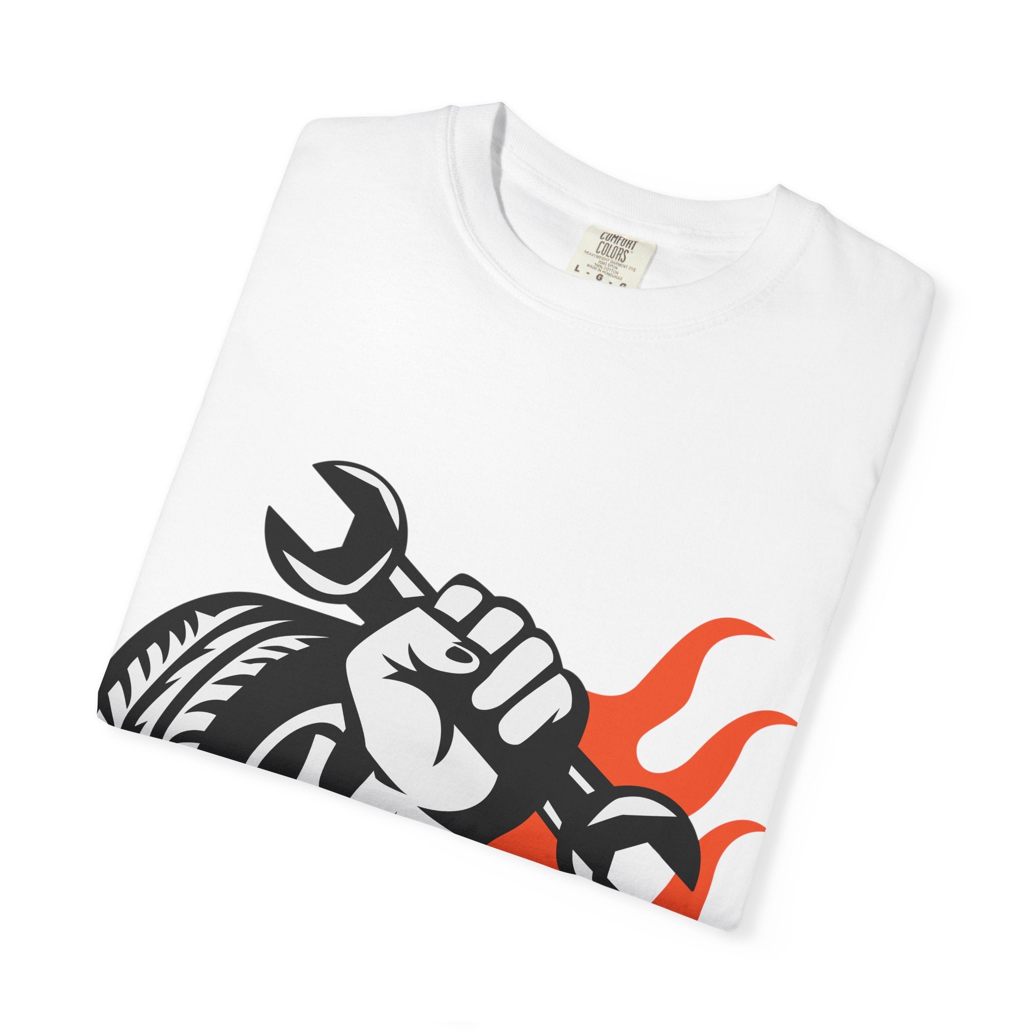 Mechanic Flame Tire T‑Shirt — Wrench & Wheel Auto Repair Tee