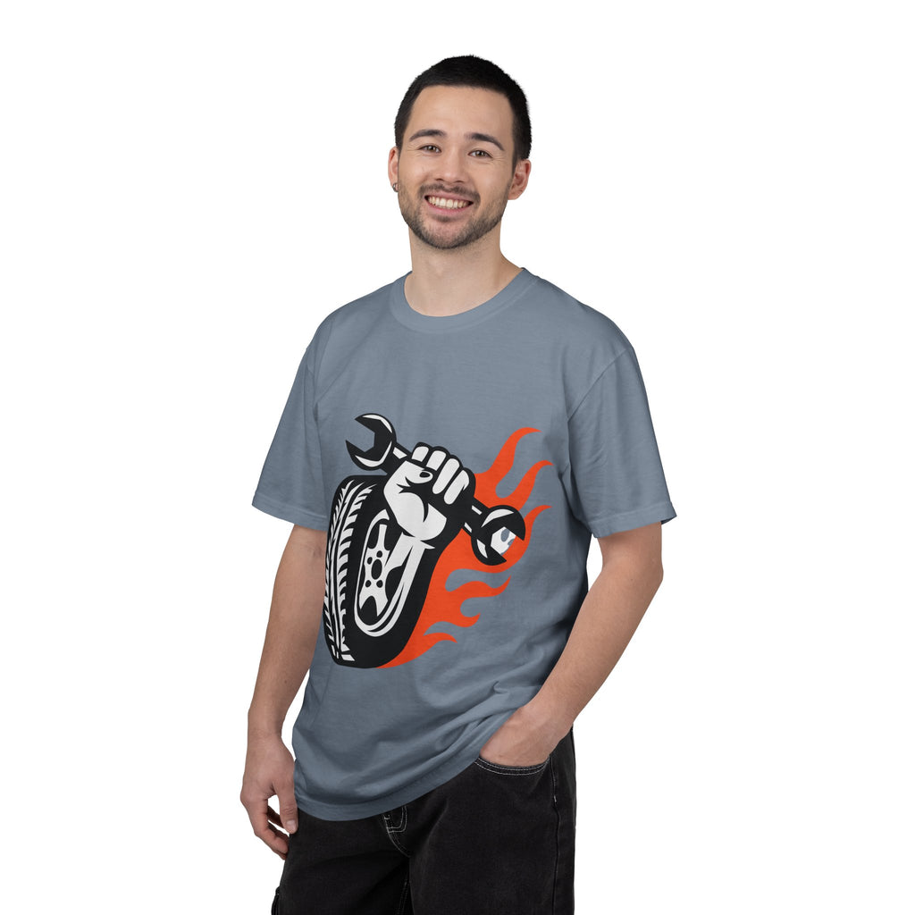 Mechanic Flame Tire T‑Shirt — Wrench & Wheel Auto Repair Tee