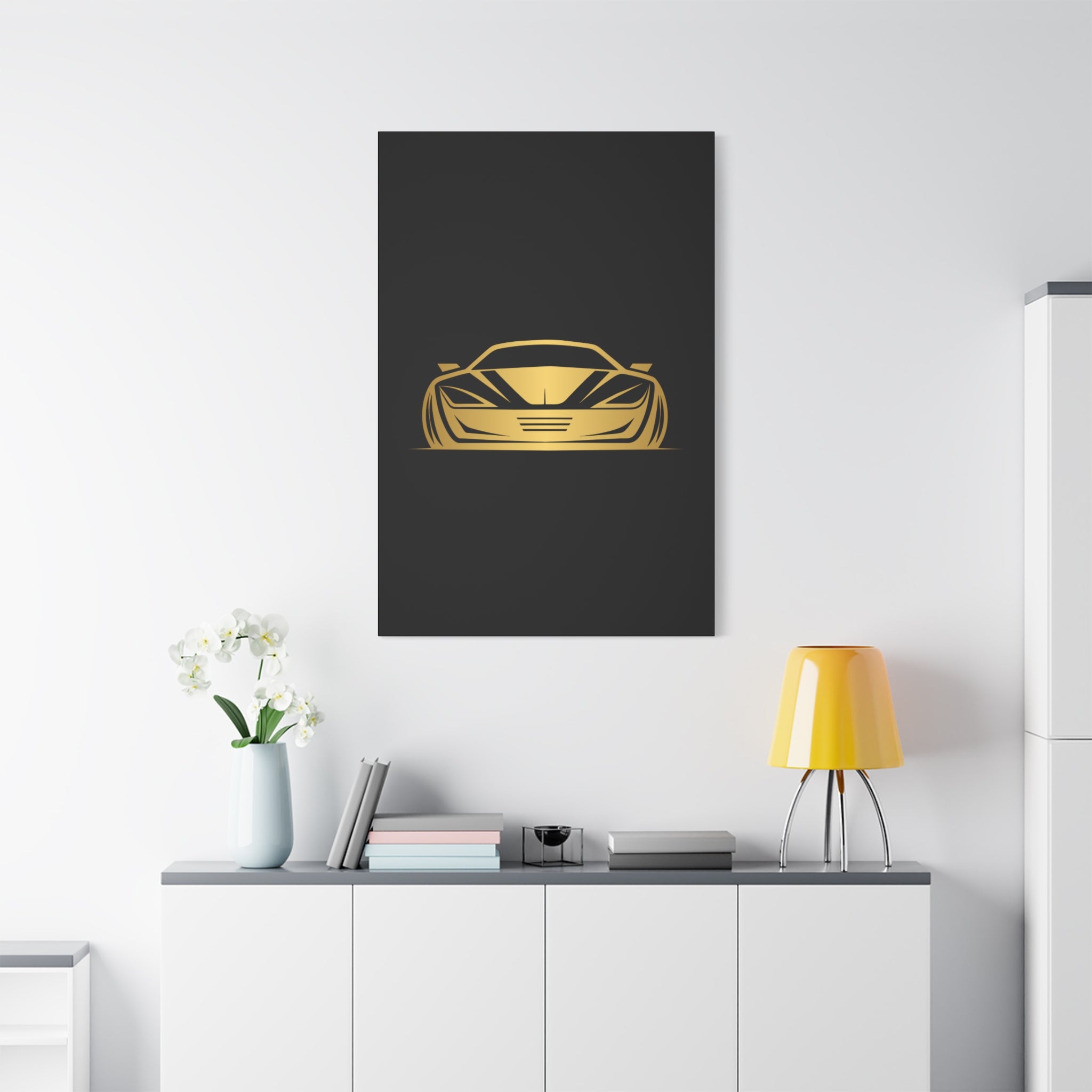 Golden Sports Car Canvas Print — Modern Automotive Wall Art