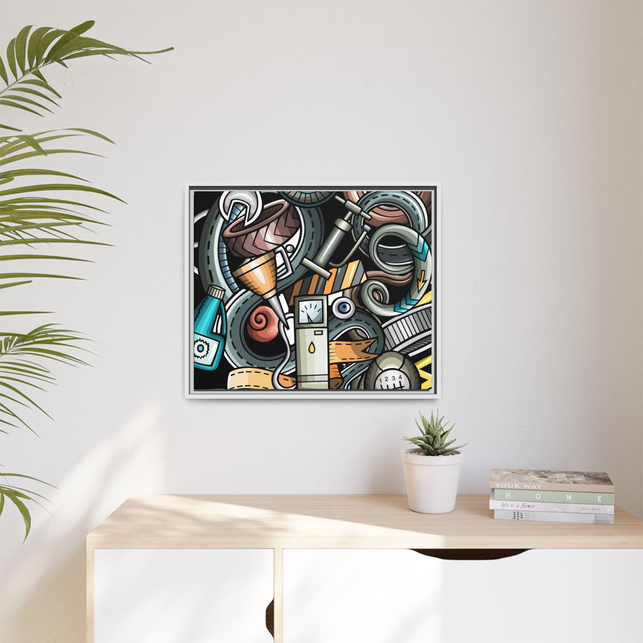 Framed Automotive Doodle Matte Canvas Print — Garage Wall Art
