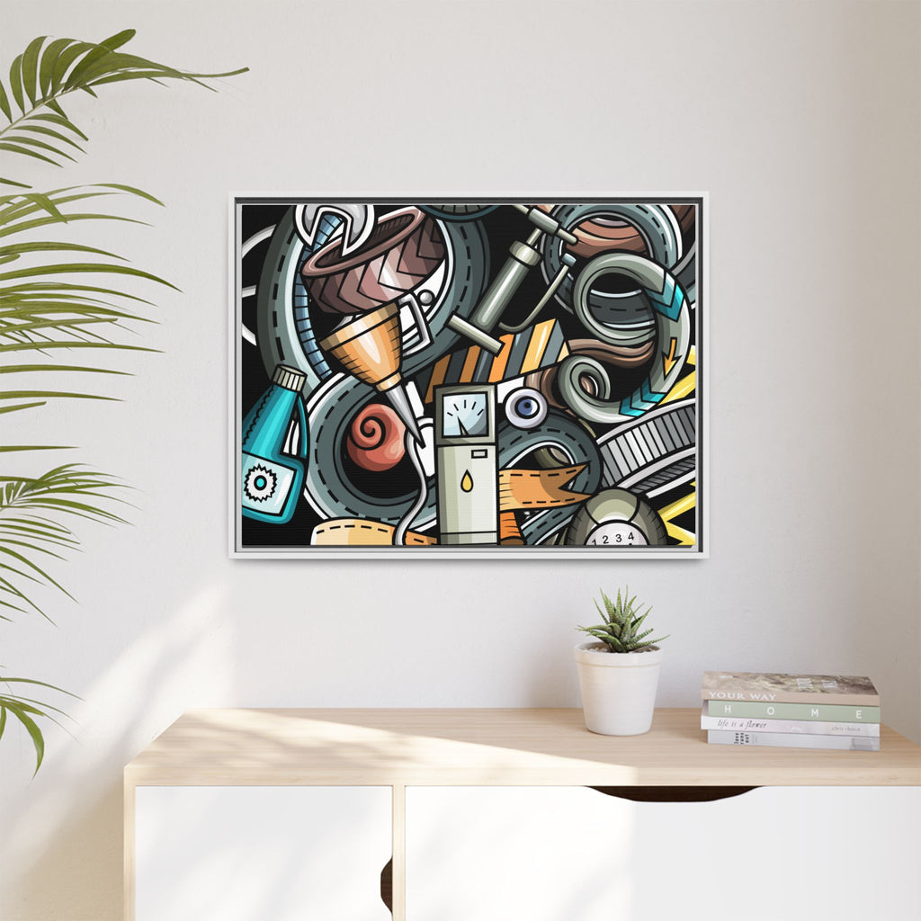 Framed Automotive Doodle Matte Canvas Print — Garage Wall Art