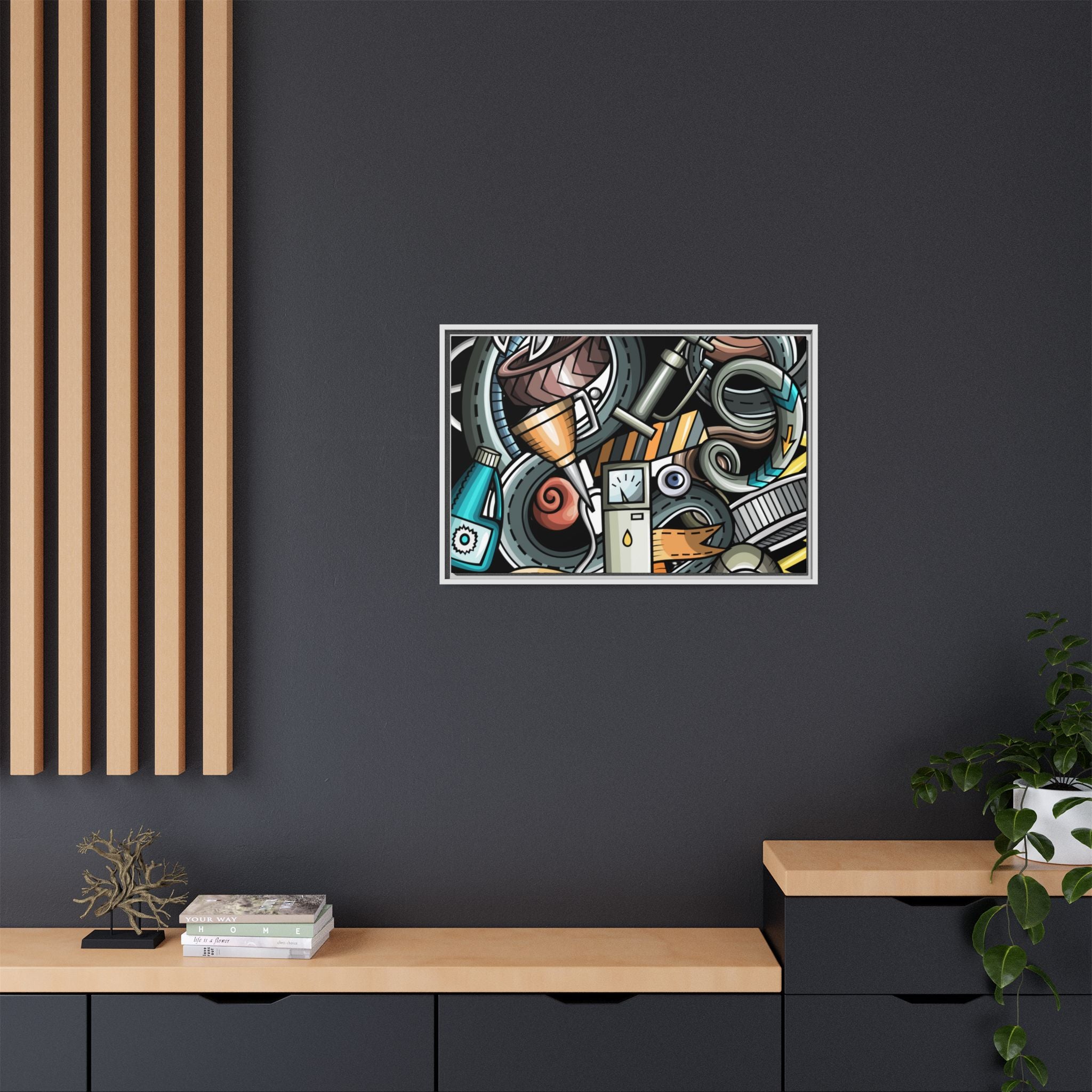 Framed Automotive Doodle Matte Canvas Print — Garage Wall Art