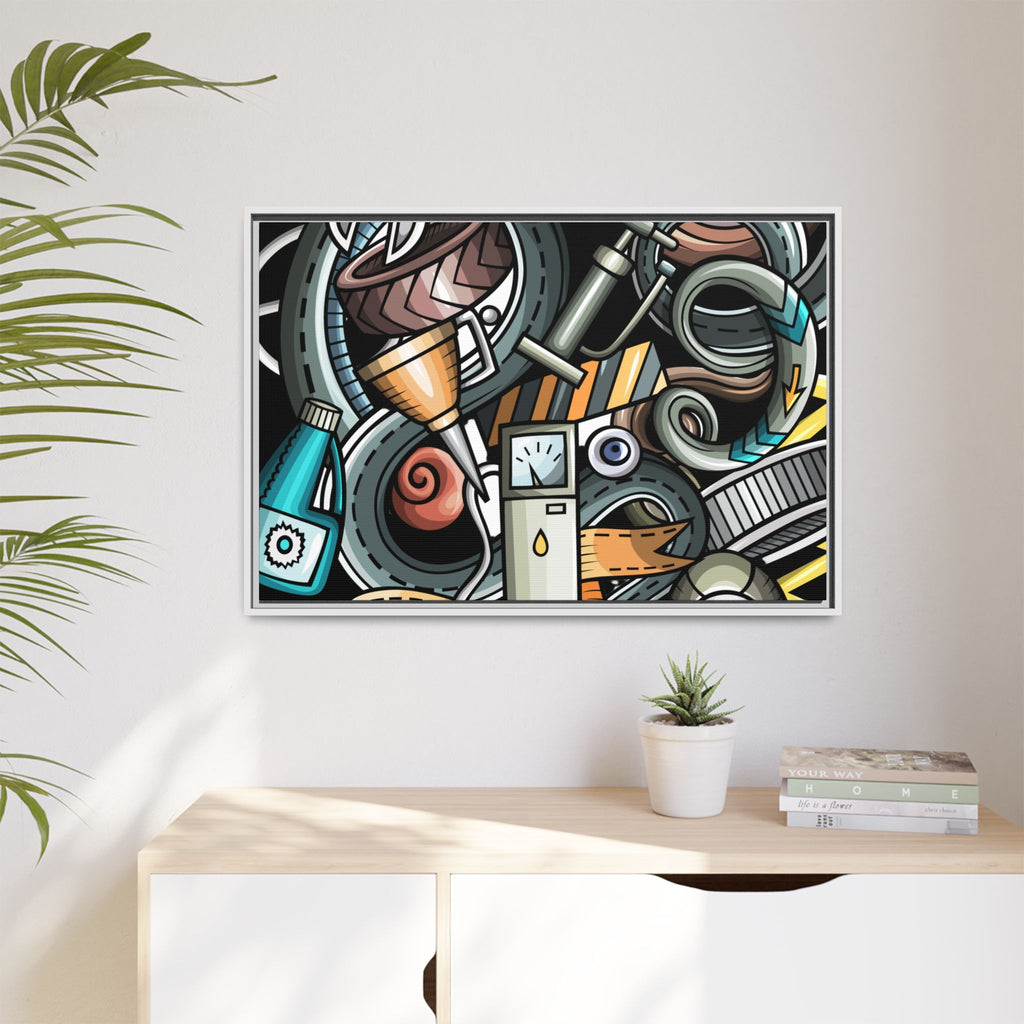 Framed Automotive Doodle Matte Canvas Print — Garage Wall Art