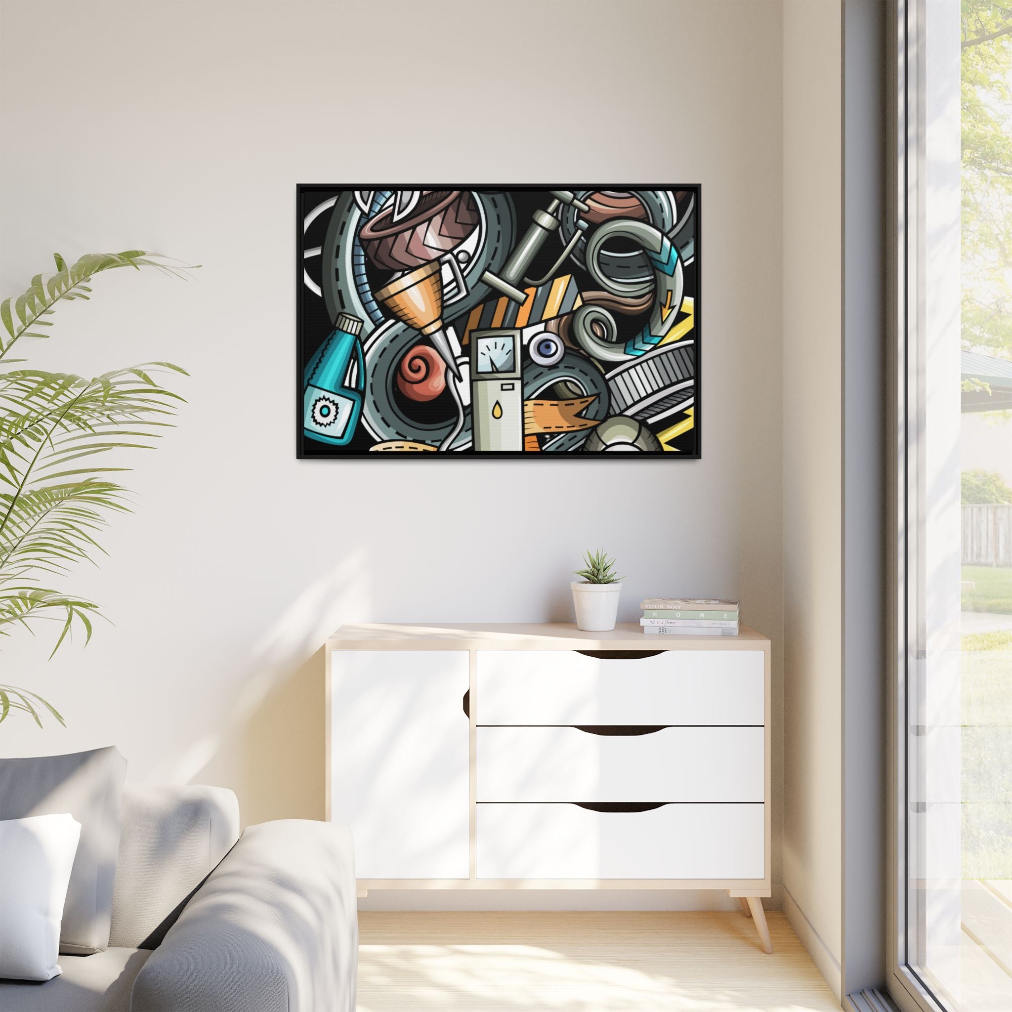 Framed Automotive Doodle Matte Canvas Print — Garage Wall Art