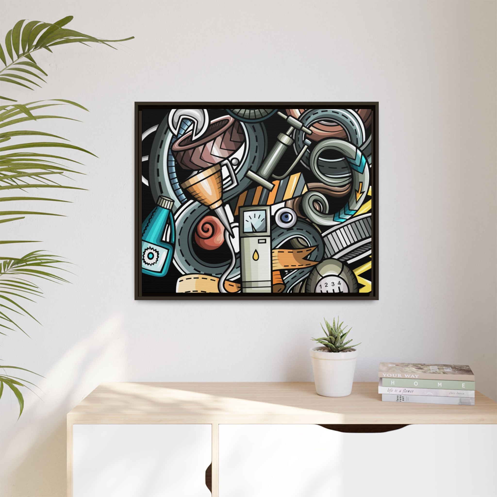 Framed Automotive Doodle Matte Canvas Print — Garage Wall Art