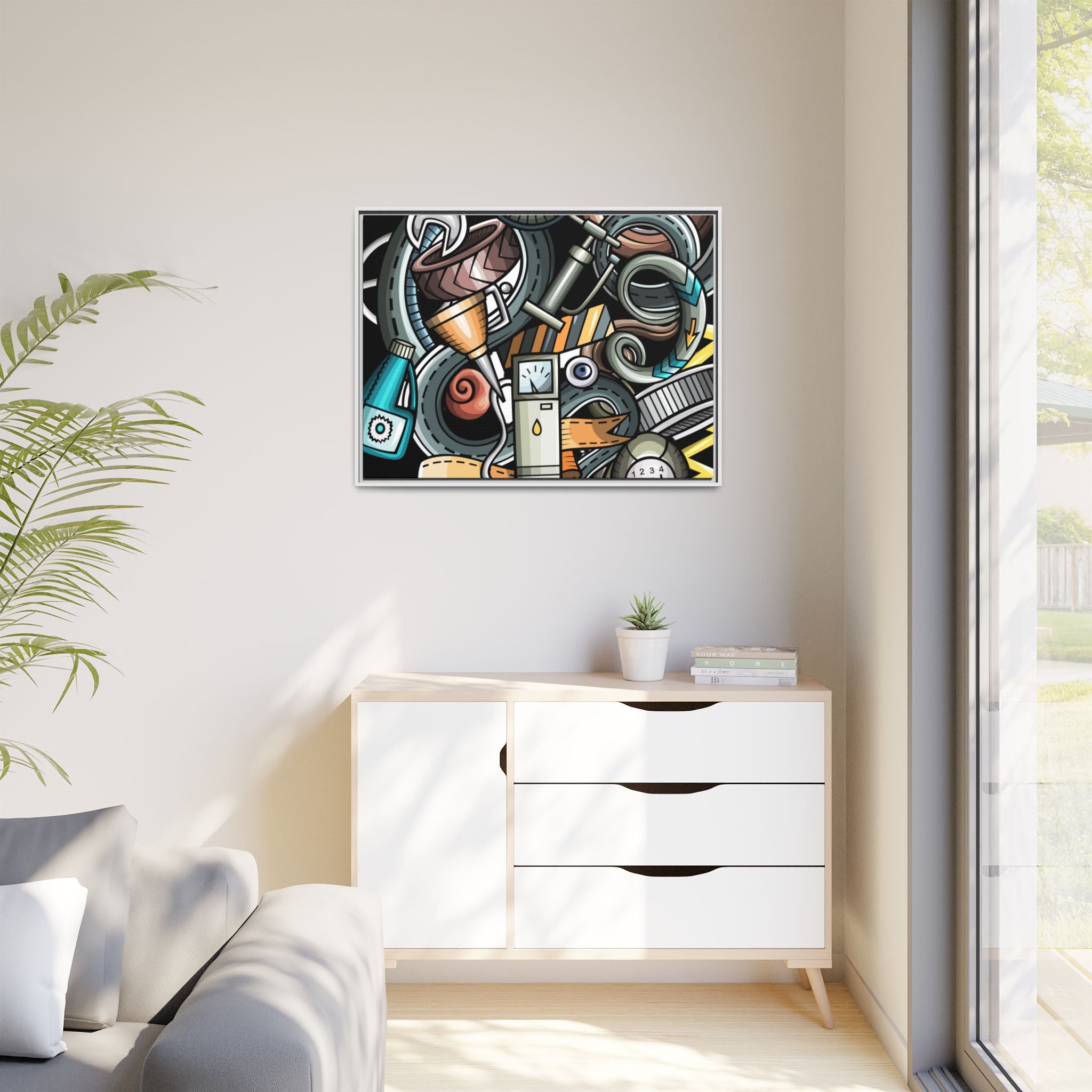 Framed Automotive Doodle Matte Canvas Print — Garage Wall Art