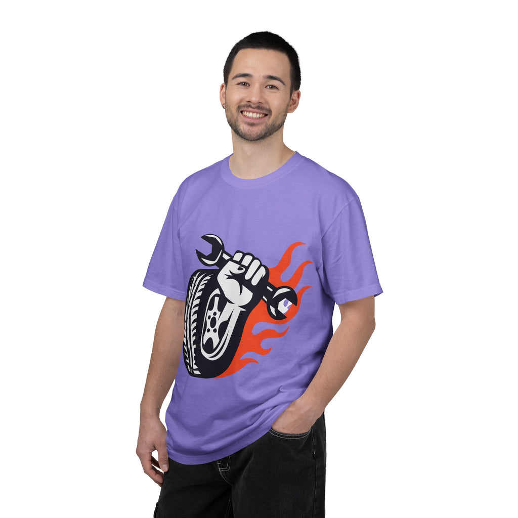 Mechanic Flame Tire T‑Shirt — Wrench & Wheel Auto Repair Tee