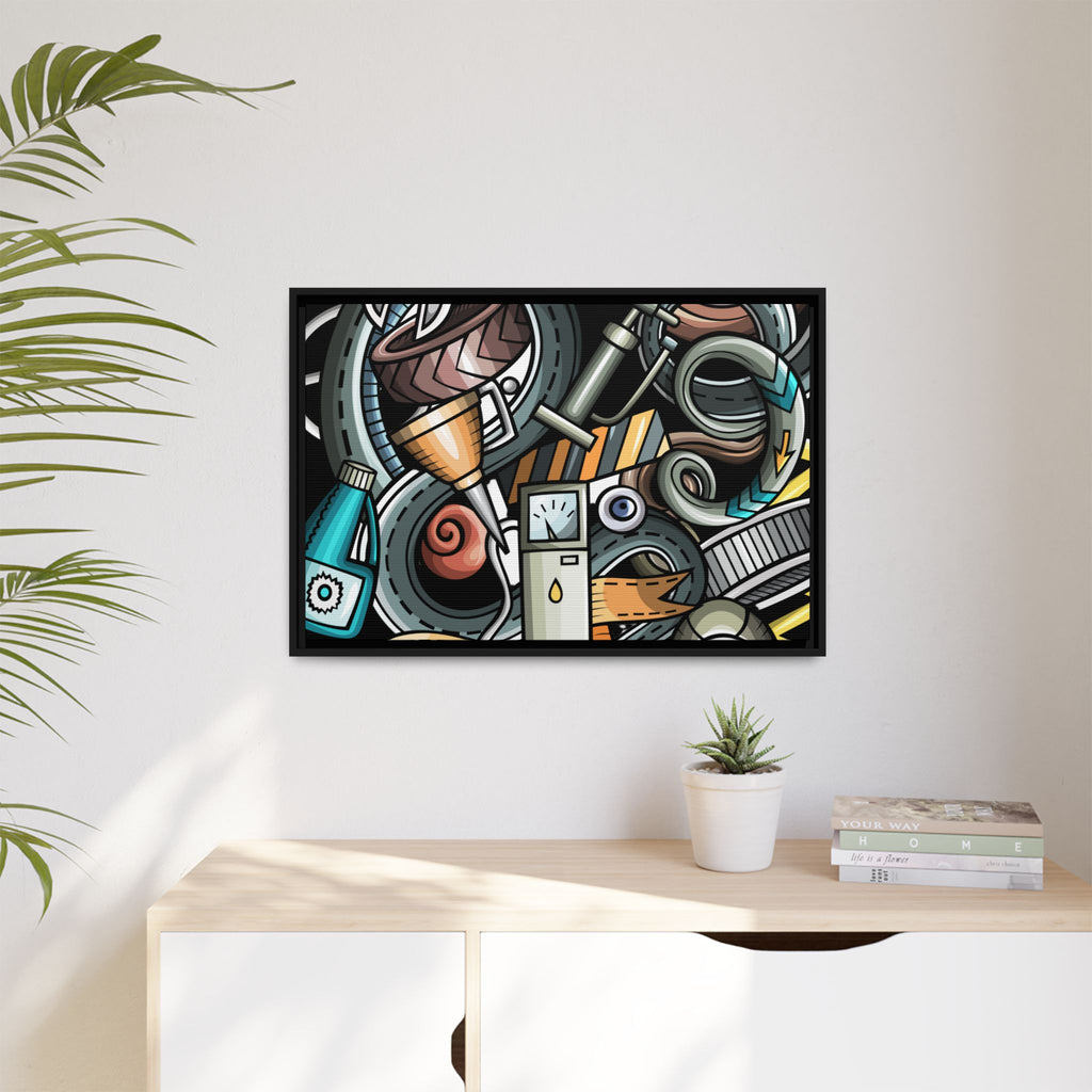 Framed Automotive Doodle Matte Canvas Print — Garage Wall Art