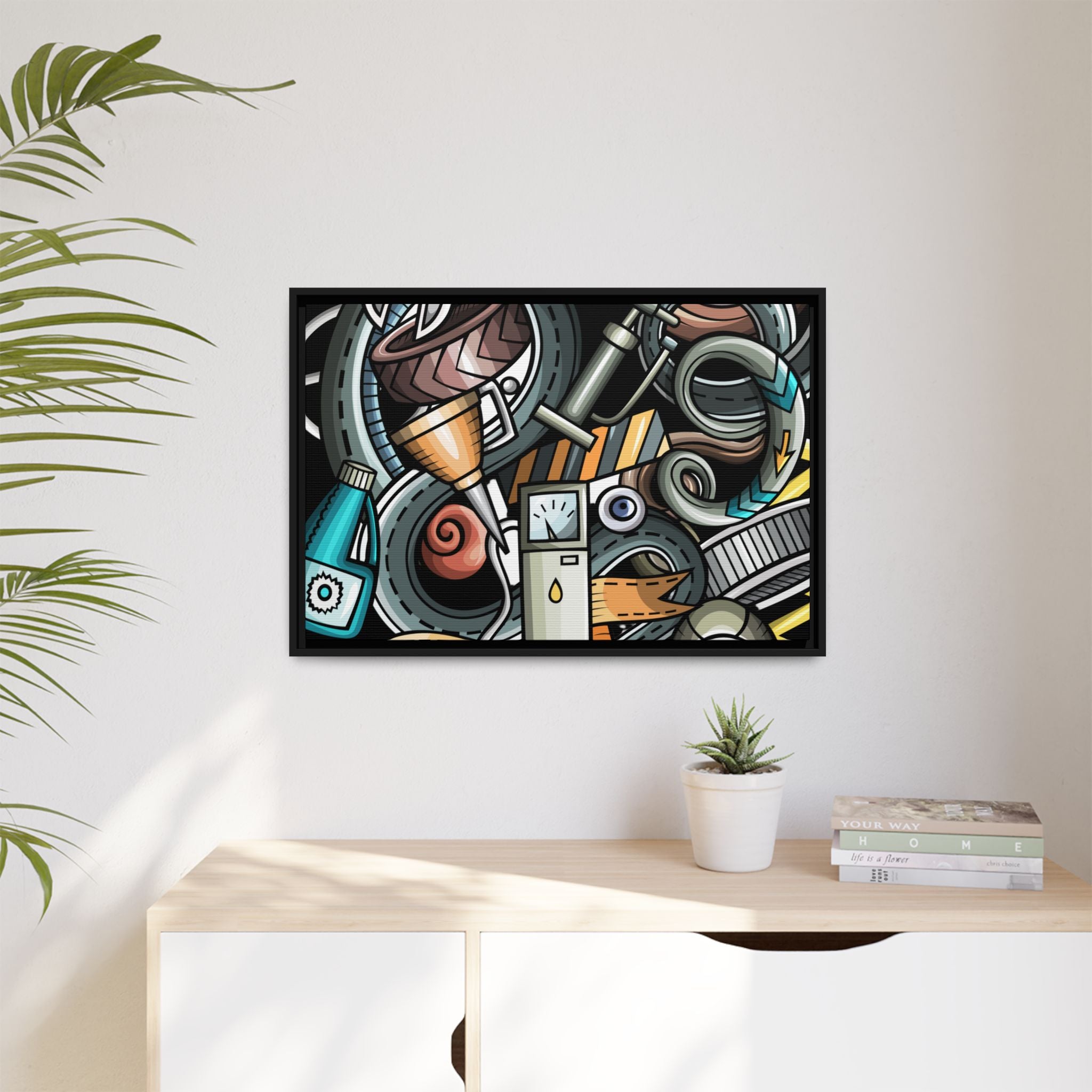 Framed Automotive Doodle Matte Canvas Print — Garage Wall Art
