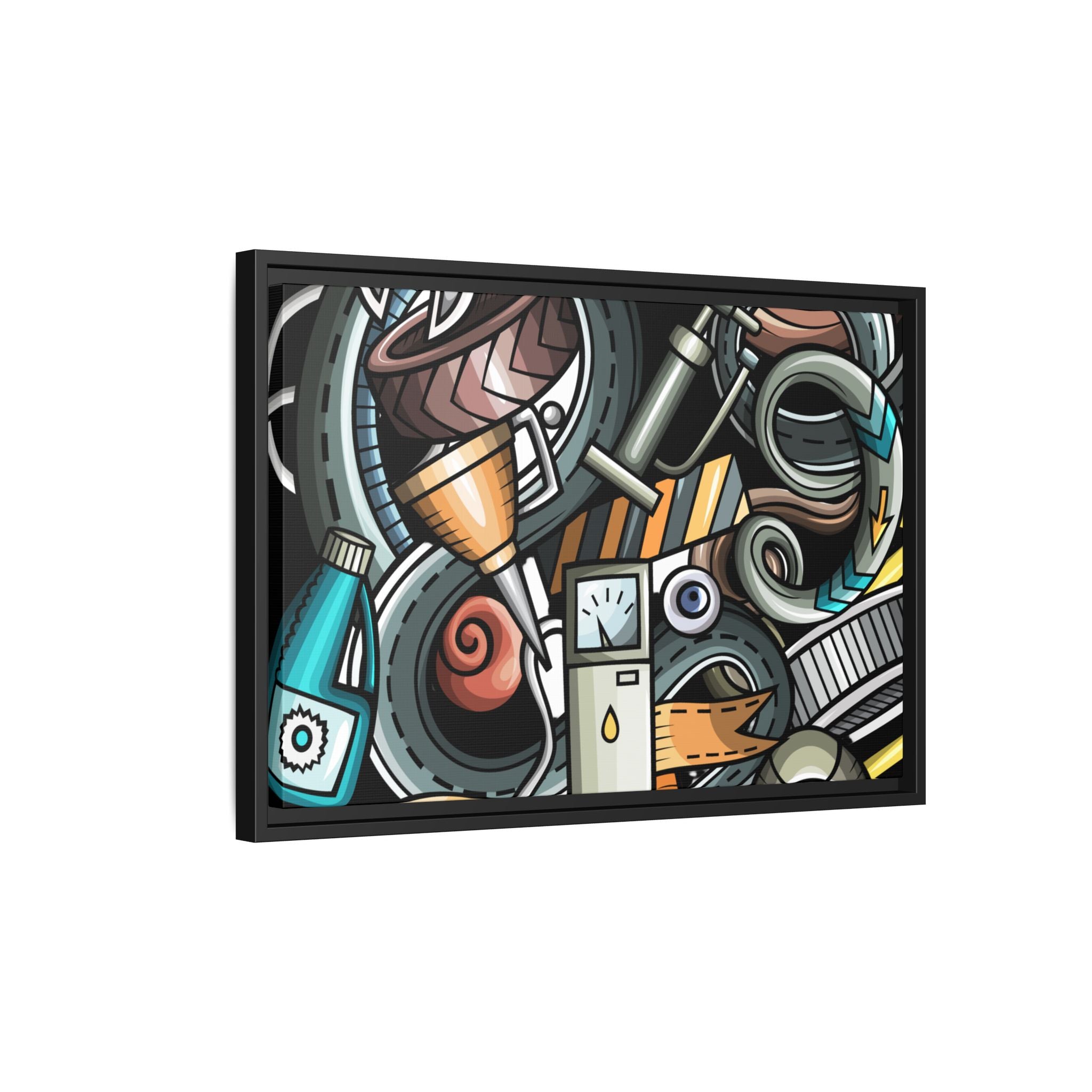 Framed Automotive Doodle Matte Canvas Print — Garage Wall Art