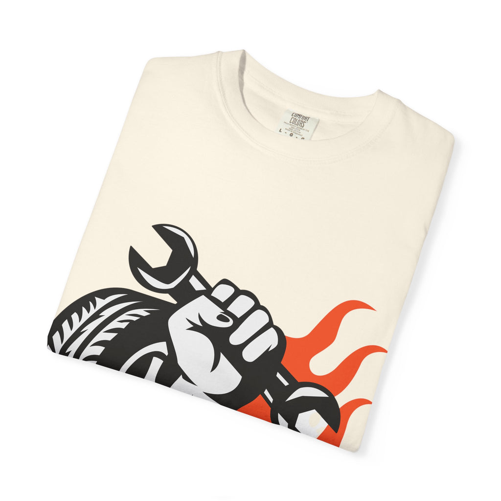 Mechanic Flame Tire T‑Shirt — Wrench & Wheel Auto Repair Tee