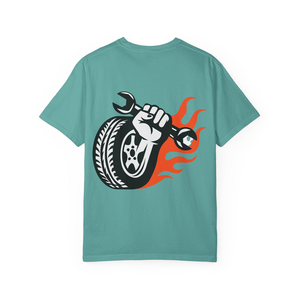 Mechanic Flame Tire T‑Shirt — Wrench & Wheel Auto Repair Tee