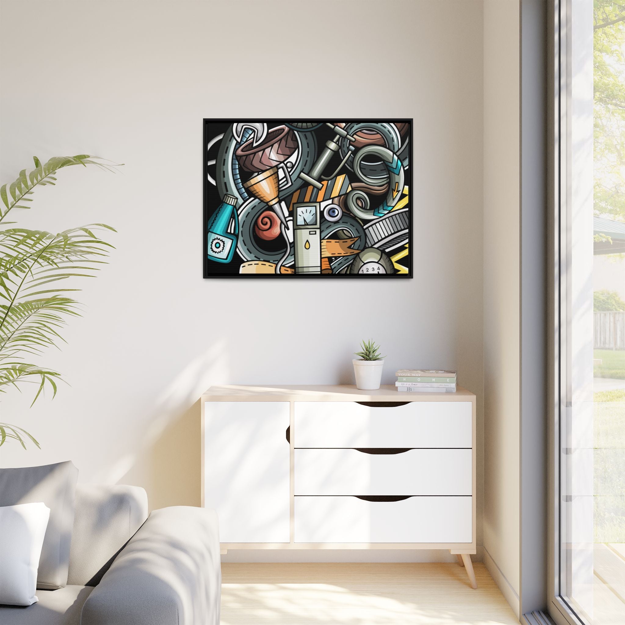 Framed Automotive Doodle Matte Canvas Print — Garage Wall Art