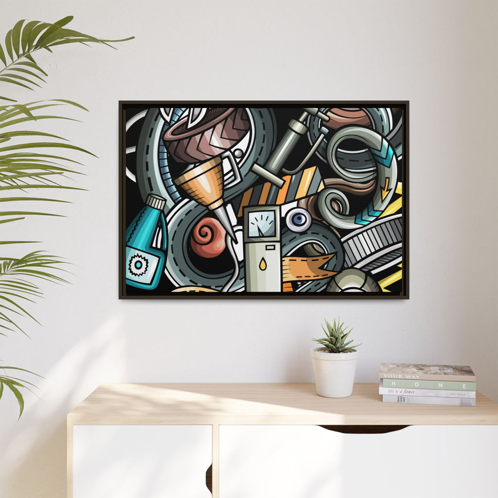 Framed Automotive Doodle Matte Canvas Print — Garage Wall Art