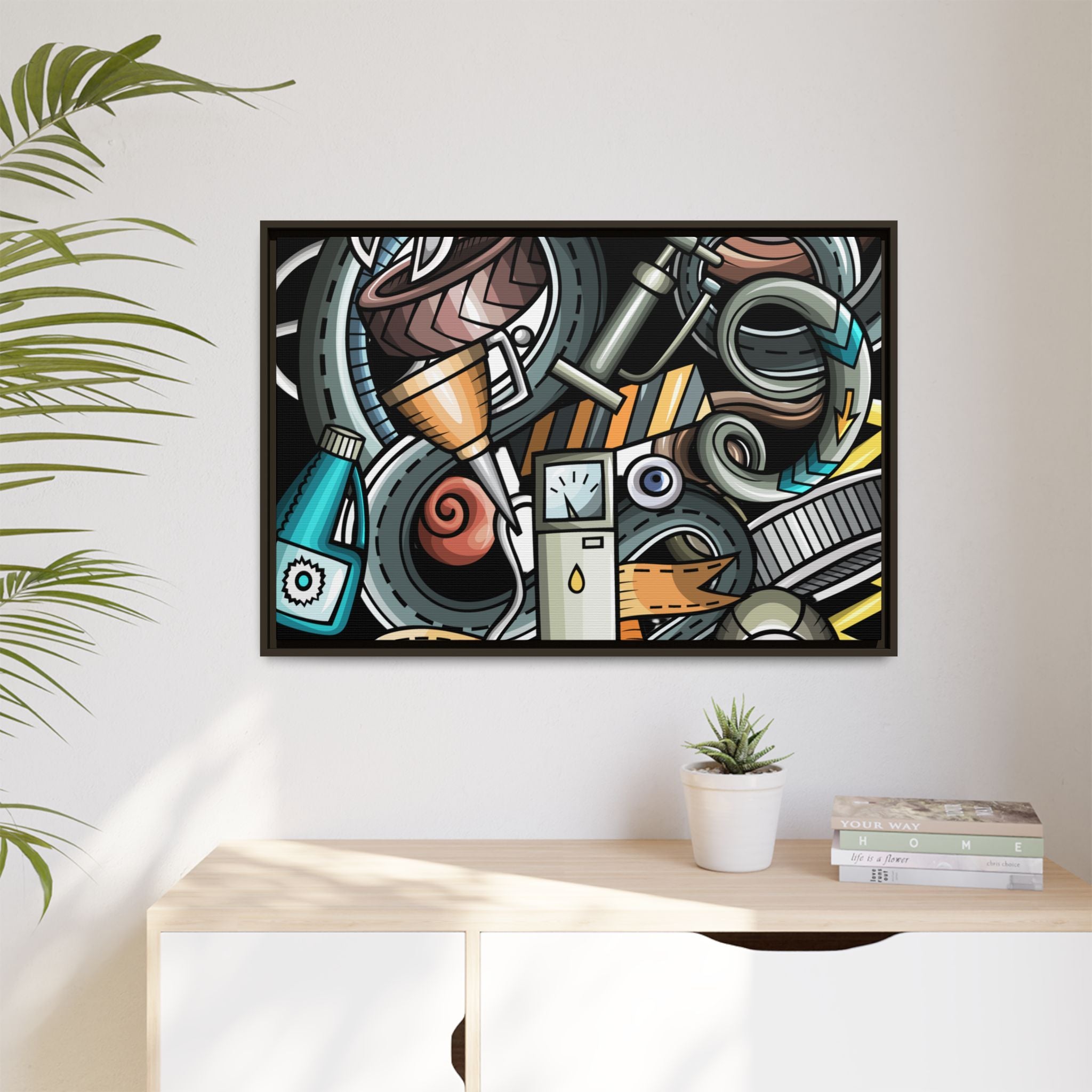 Framed Automotive Doodle Matte Canvas Print — Garage Wall Art