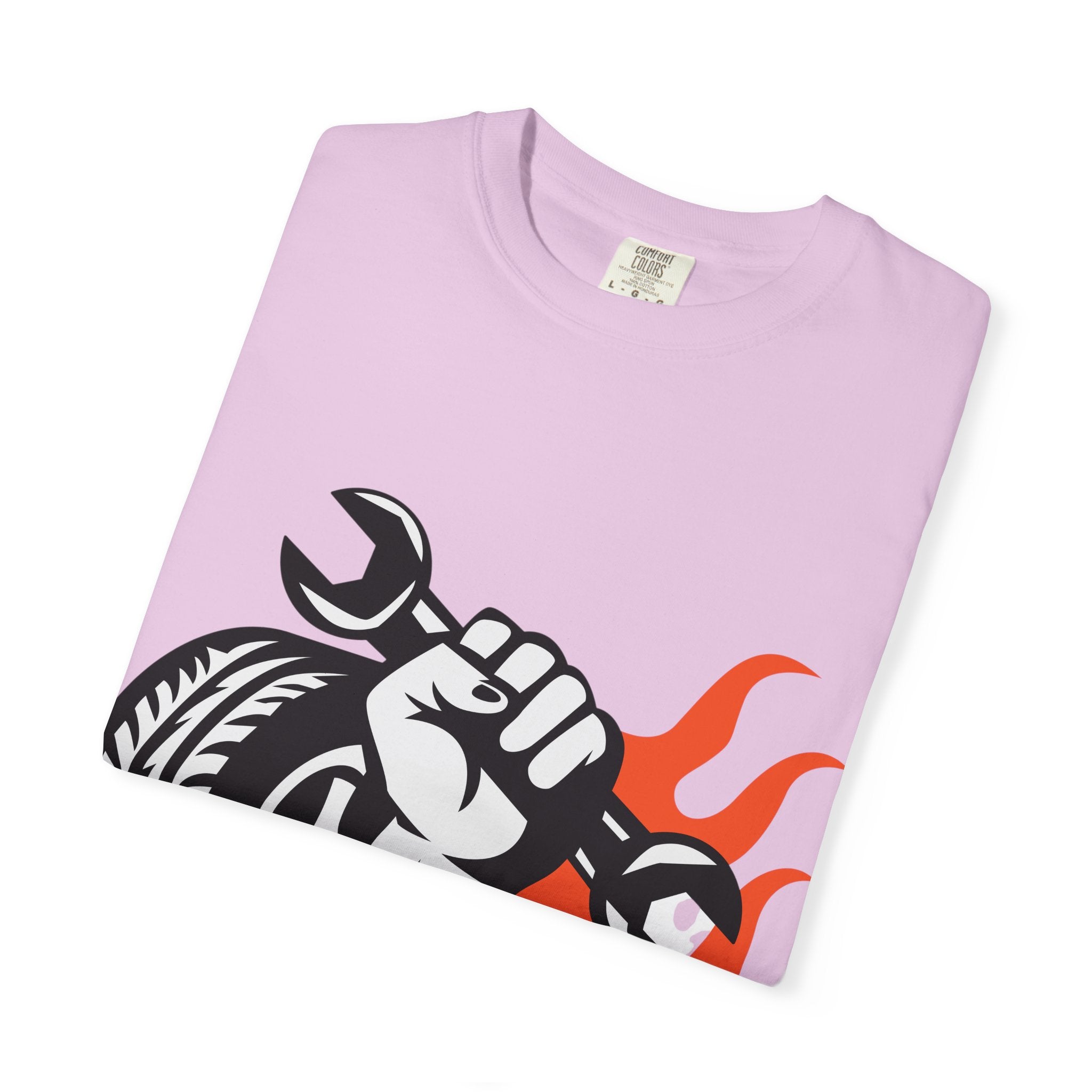Mechanic Flame Tire T‑Shirt — Wrench & Wheel Auto Repair Tee