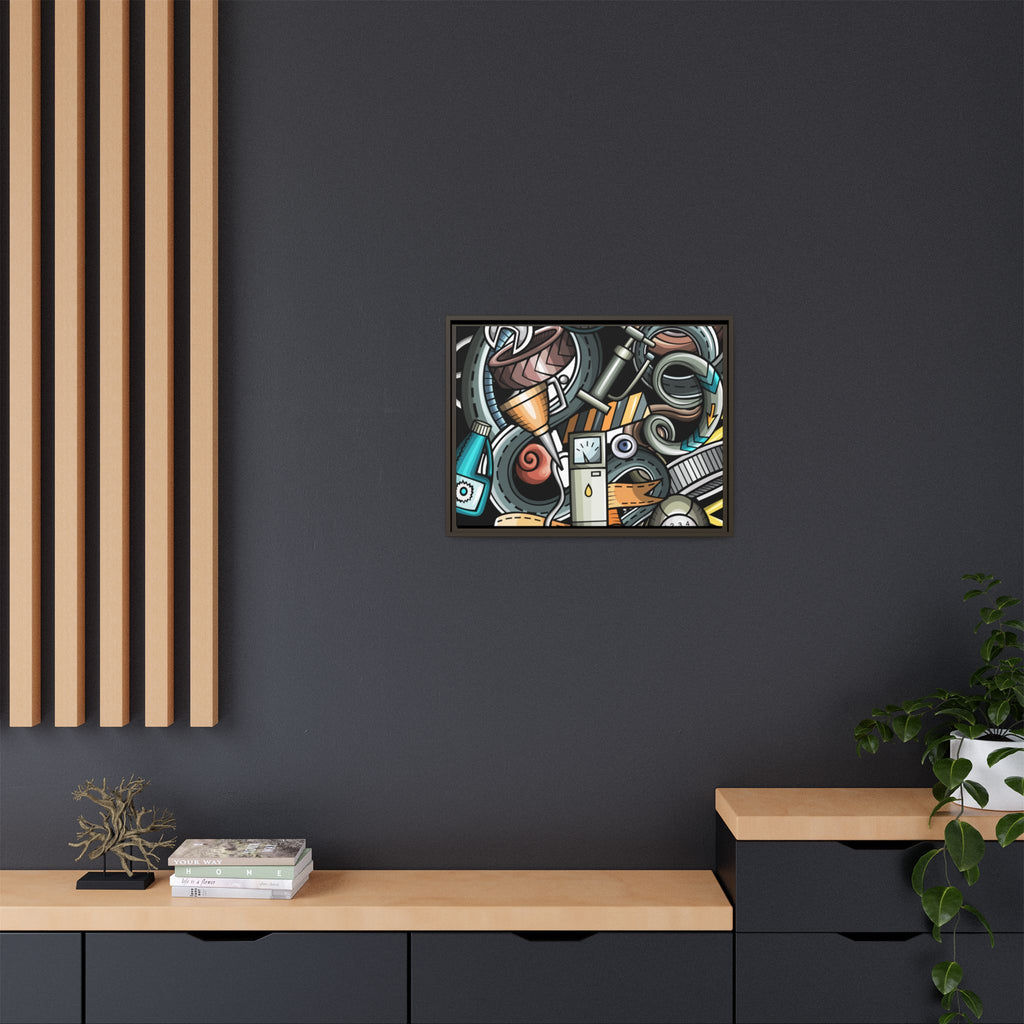 Framed Automotive Doodle Matte Canvas Print — Garage Wall Art