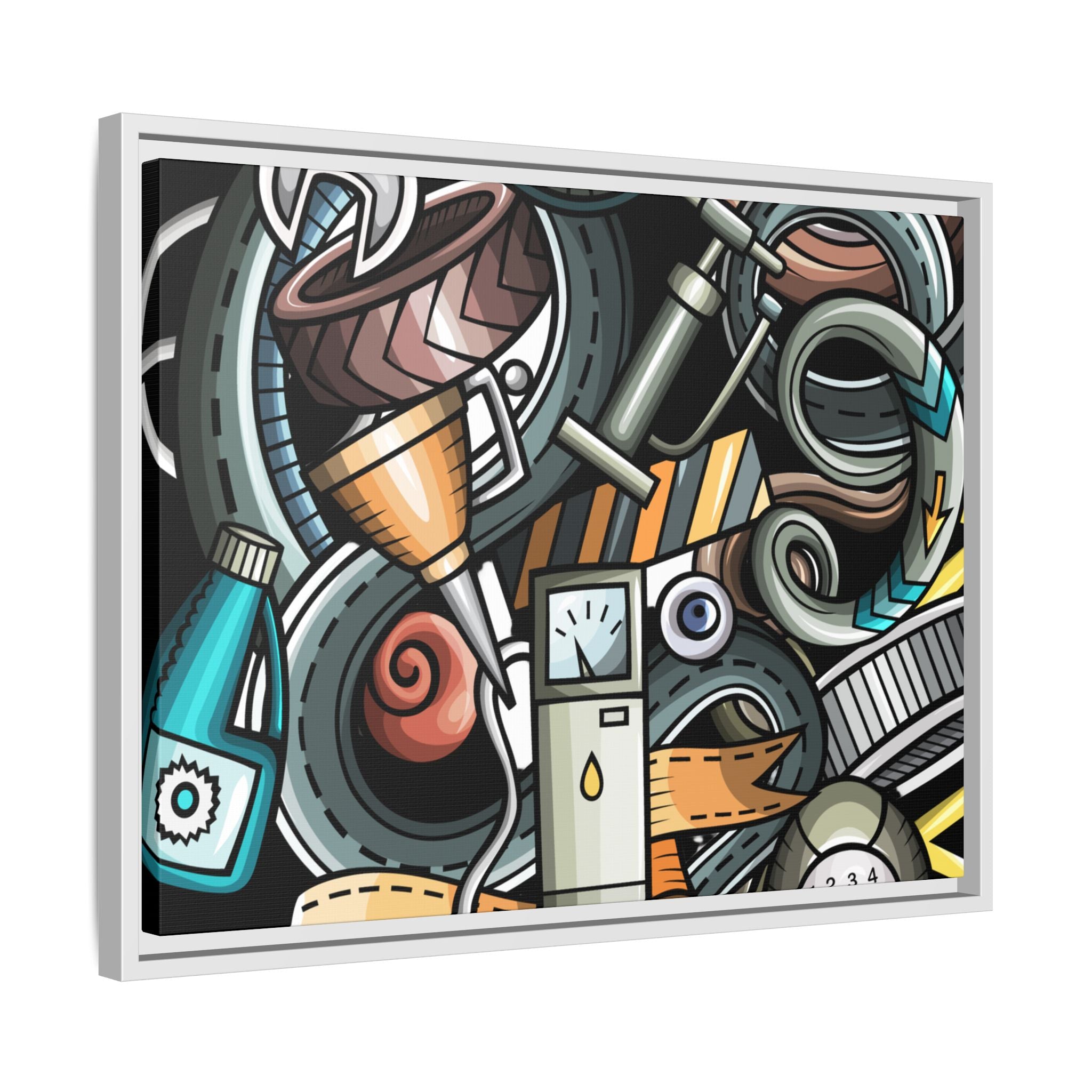 Framed Automotive Doodle Matte Canvas Print — Garage Wall Art