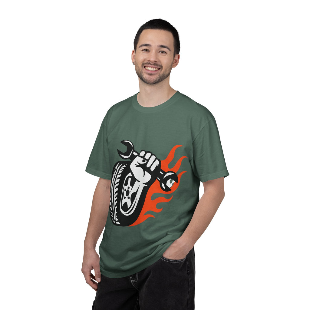 Mechanic Flame Tire T‑Shirt — Wrench & Wheel Auto Repair Tee