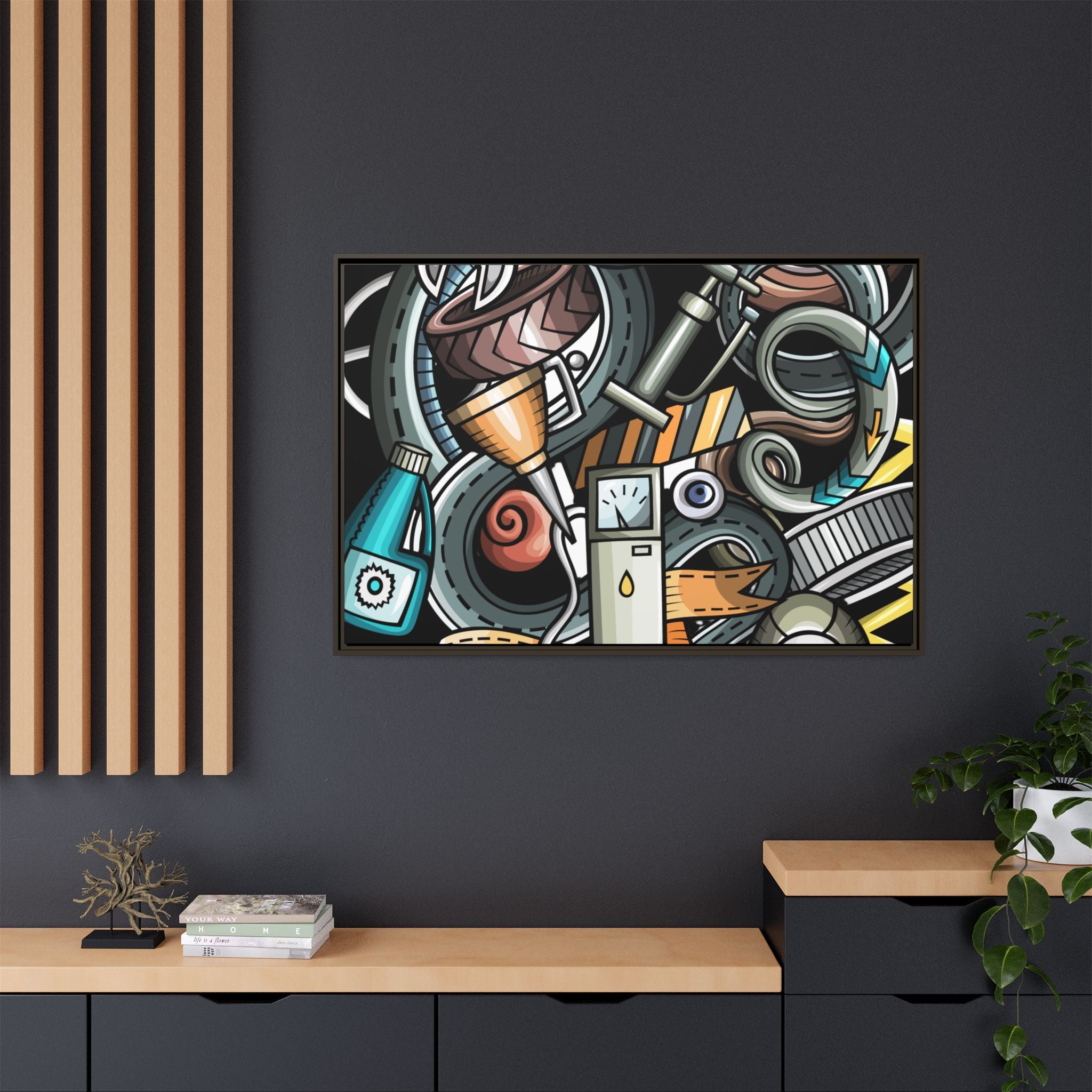 Framed Automotive Doodle Matte Canvas Print — Garage Wall Art