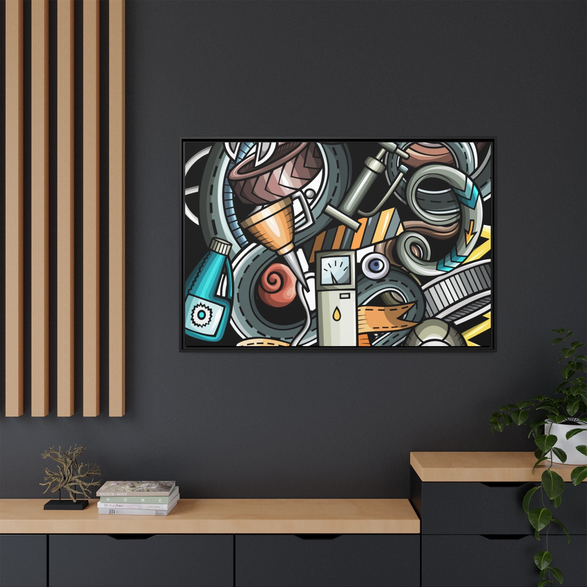 Framed Automotive Doodle Matte Canvas Print — Garage Wall Art
