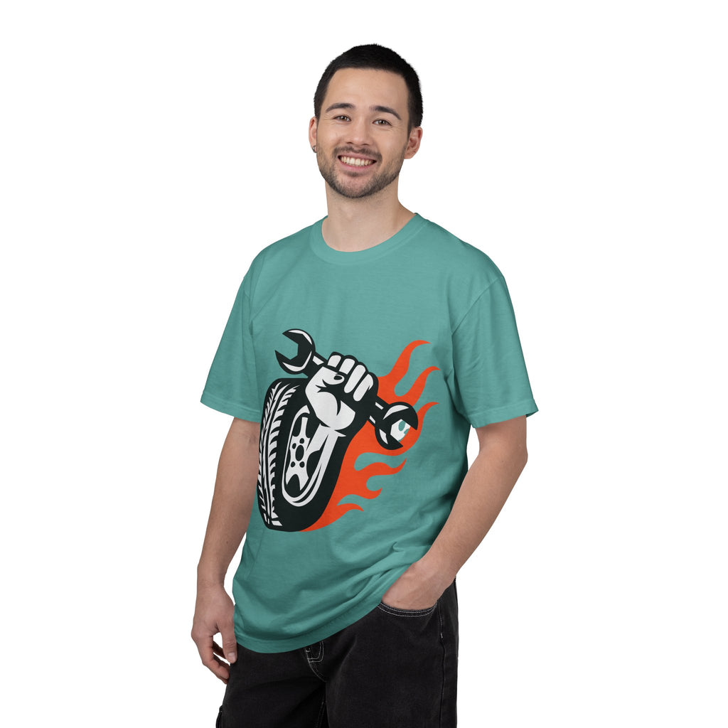 Mechanic Flame Tire T‑Shirt — Wrench & Wheel Auto Repair Tee