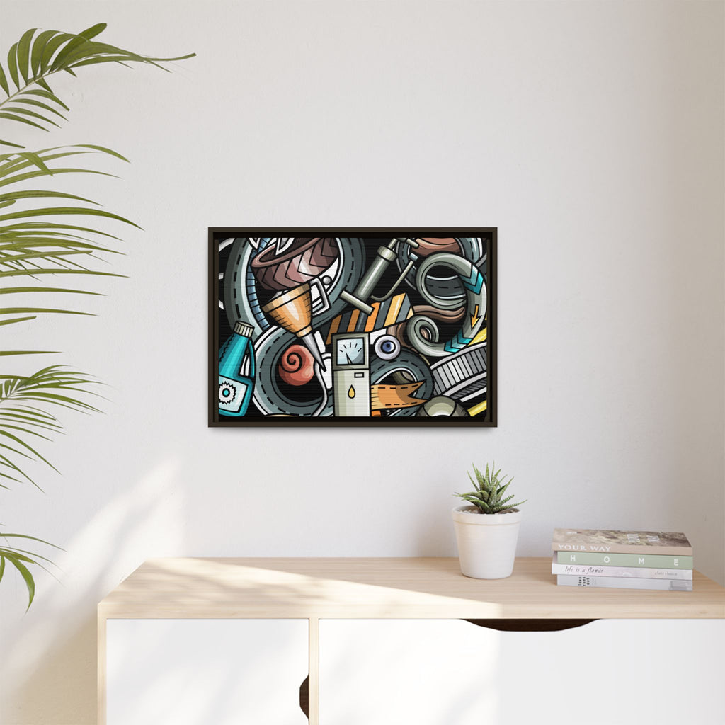 Framed Automotive Doodle Matte Canvas Print — Garage Wall Art