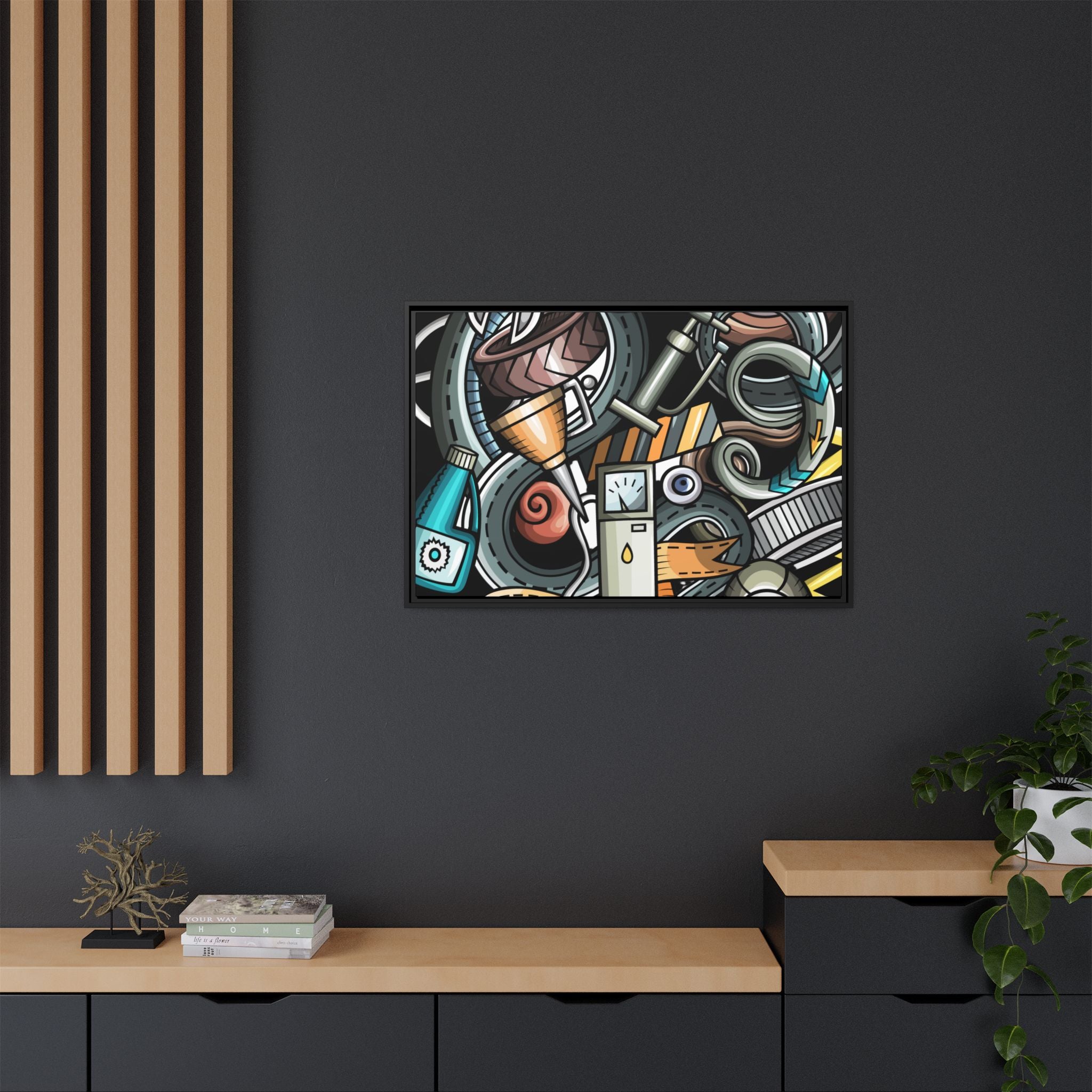 Framed Automotive Doodle Matte Canvas Print — Garage Wall Art