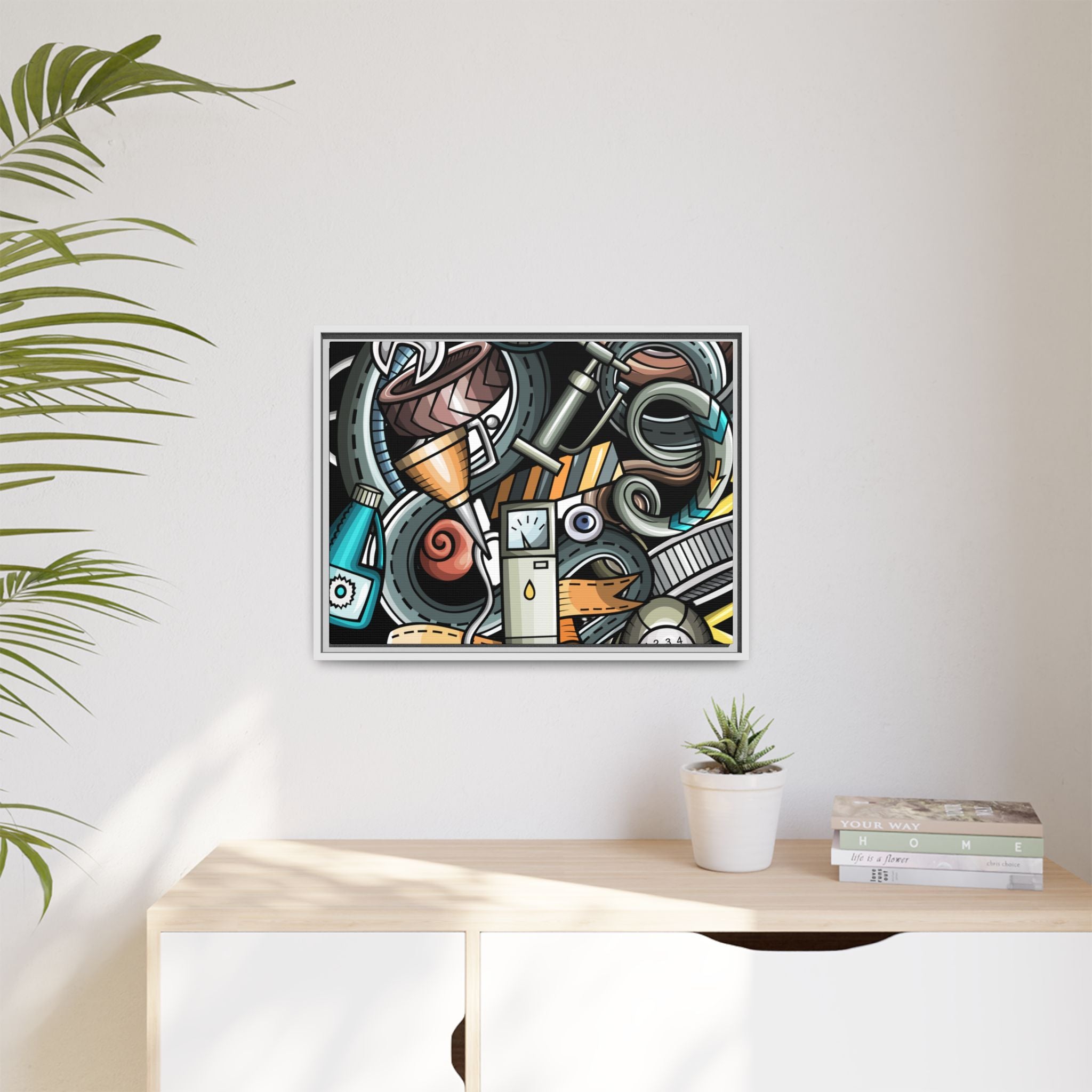 Framed Automotive Doodle Matte Canvas Print — Garage Wall Art