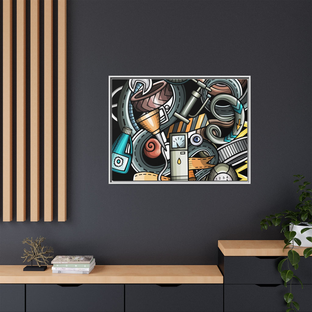 Framed Automotive Doodle Matte Canvas Print — Garage Wall Art