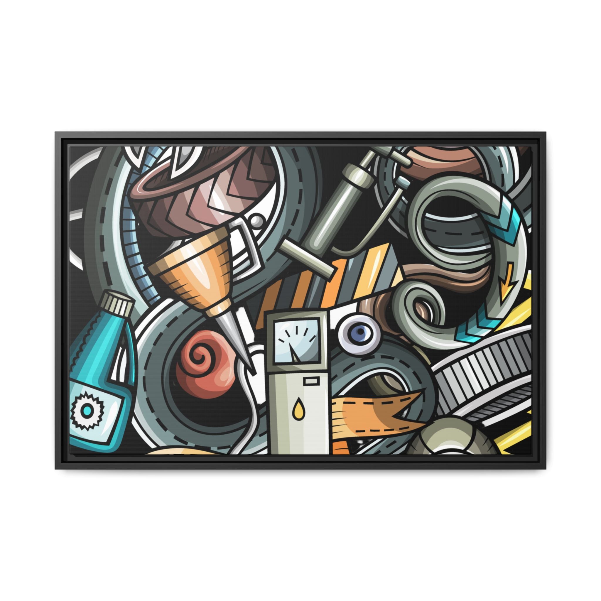 Framed Automotive Doodle Matte Canvas Print — Garage Wall Art