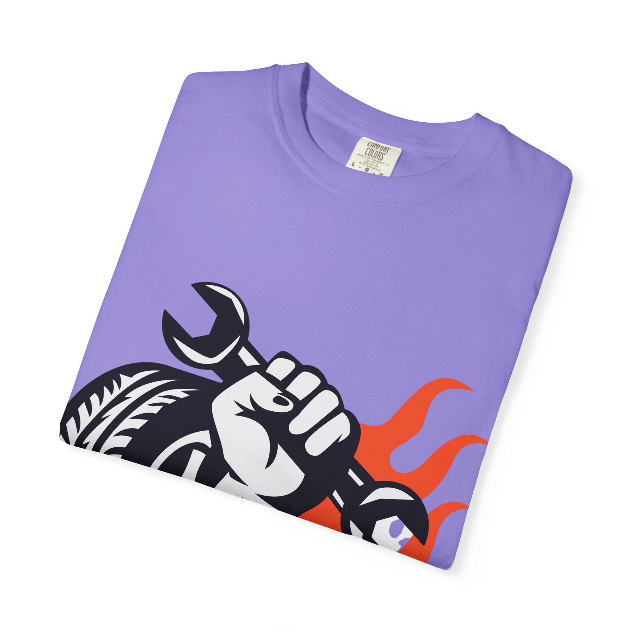 Mechanic Flame Tire T‑Shirt — Wrench & Wheel Auto Repair Tee