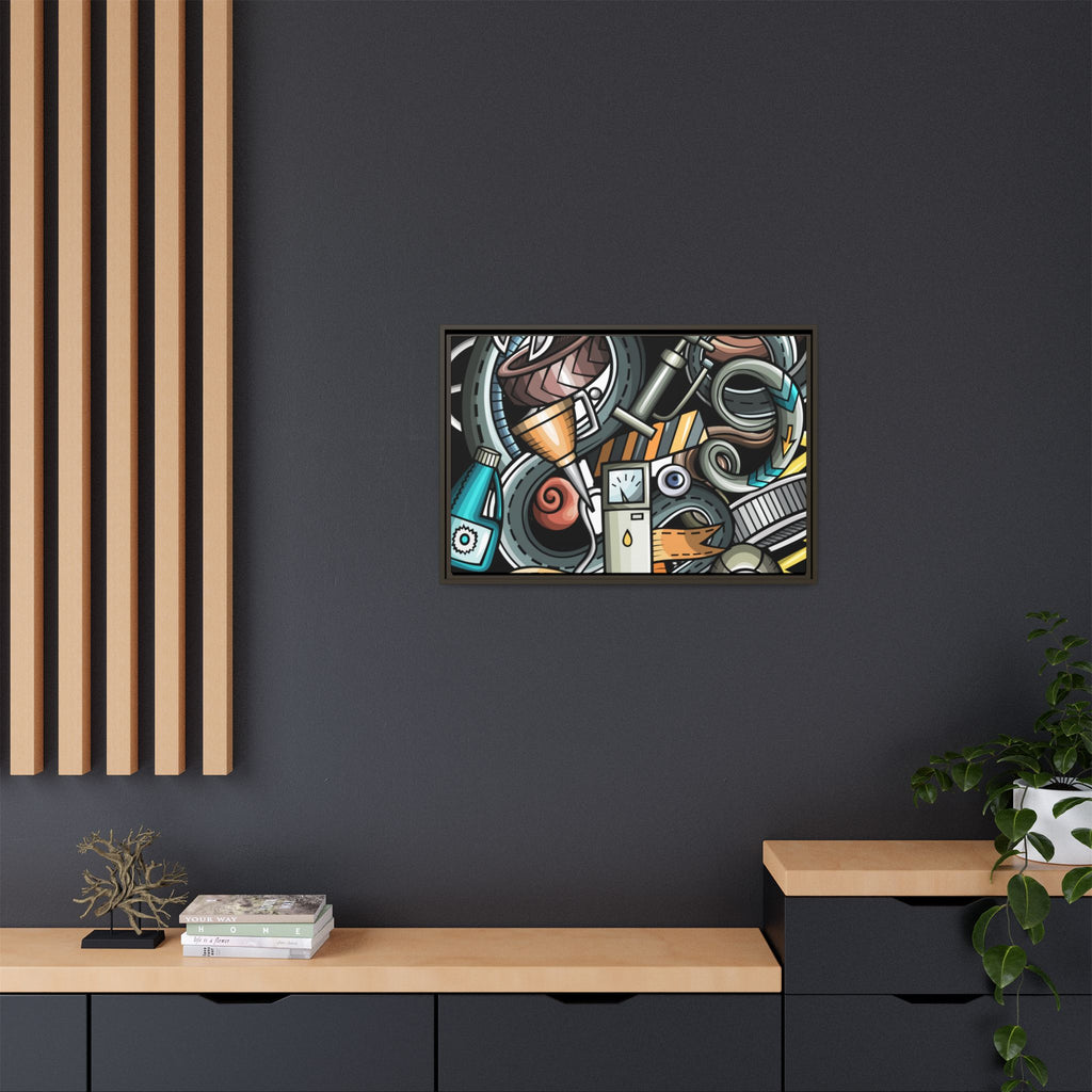 Framed Automotive Doodle Matte Canvas Print — Garage Wall Art