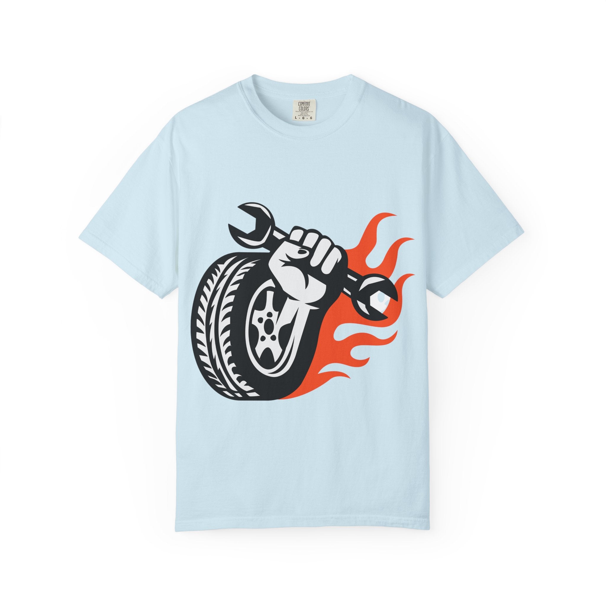 Mechanic Flame Tire T‑Shirt — Wrench & Wheel Auto Repair Tee