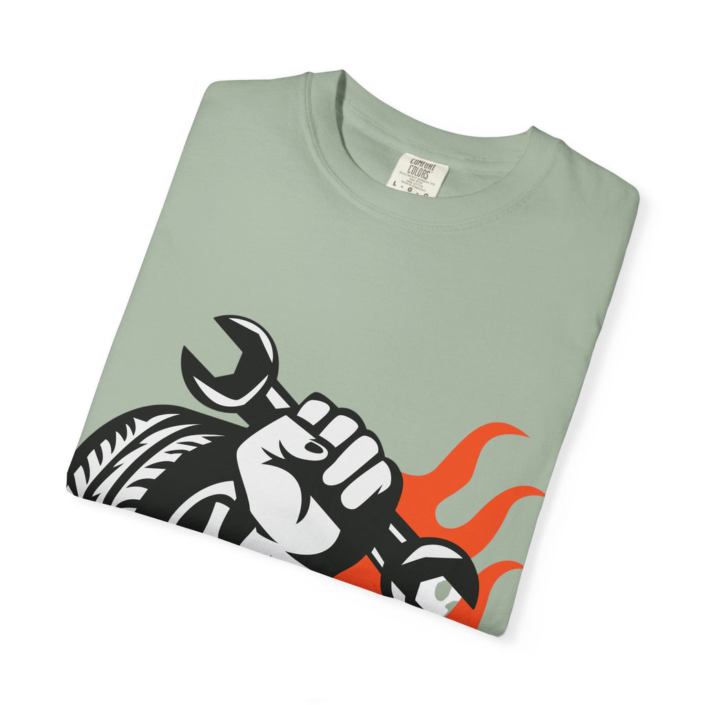 Mechanic Flame Tire T‑Shirt — Wrench & Wheel Auto Repair Tee