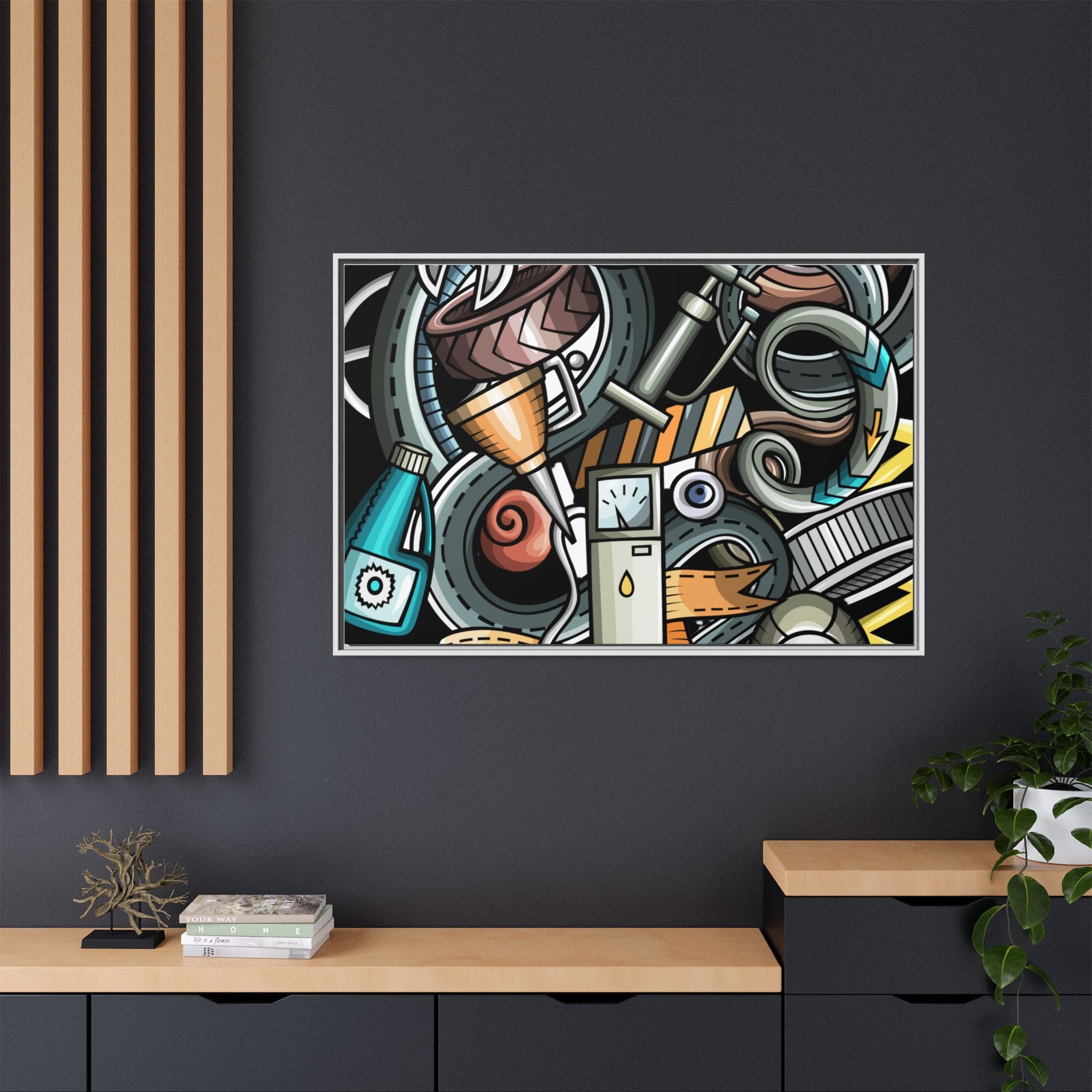 Framed Automotive Doodle Matte Canvas Print — Garage Wall Art