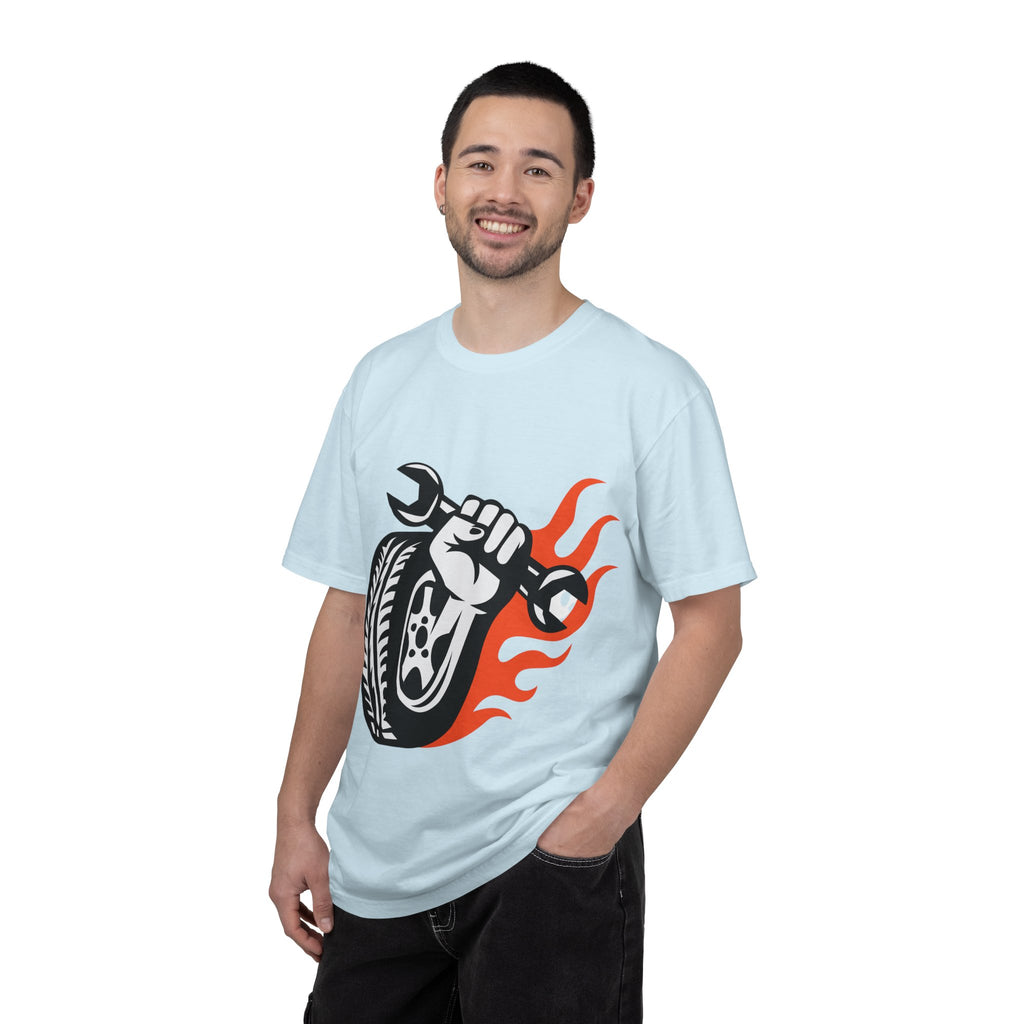 Mechanic Flame Tire T‑Shirt — Wrench & Wheel Auto Repair Tee