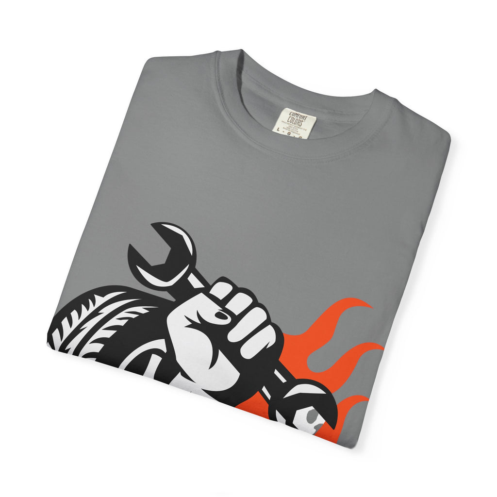 Mechanic Flame Tire T‑Shirt — Wrench & Wheel Auto Repair Tee