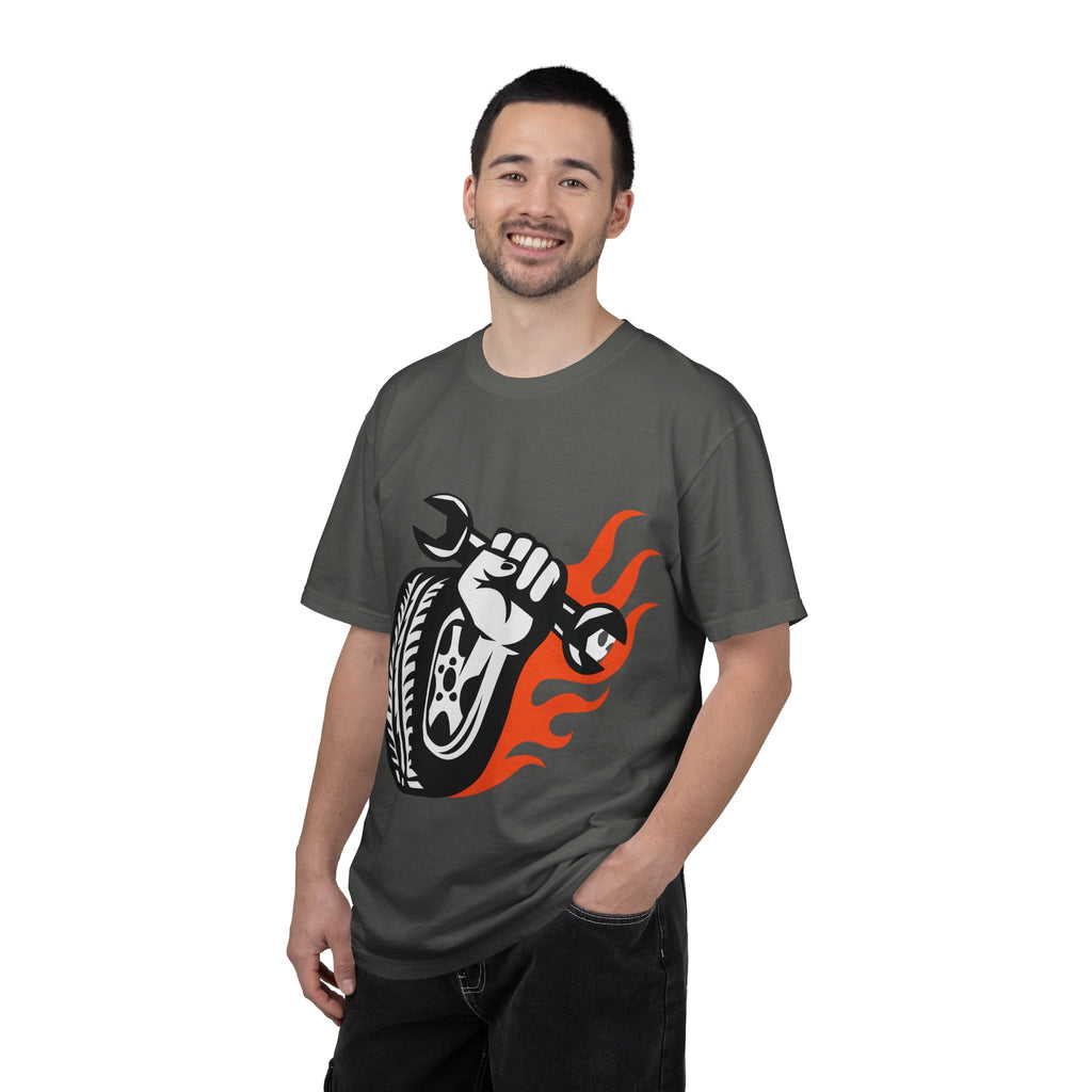 Mechanic Flame Tire T‑Shirt — Wrench & Wheel Auto Repair Tee
